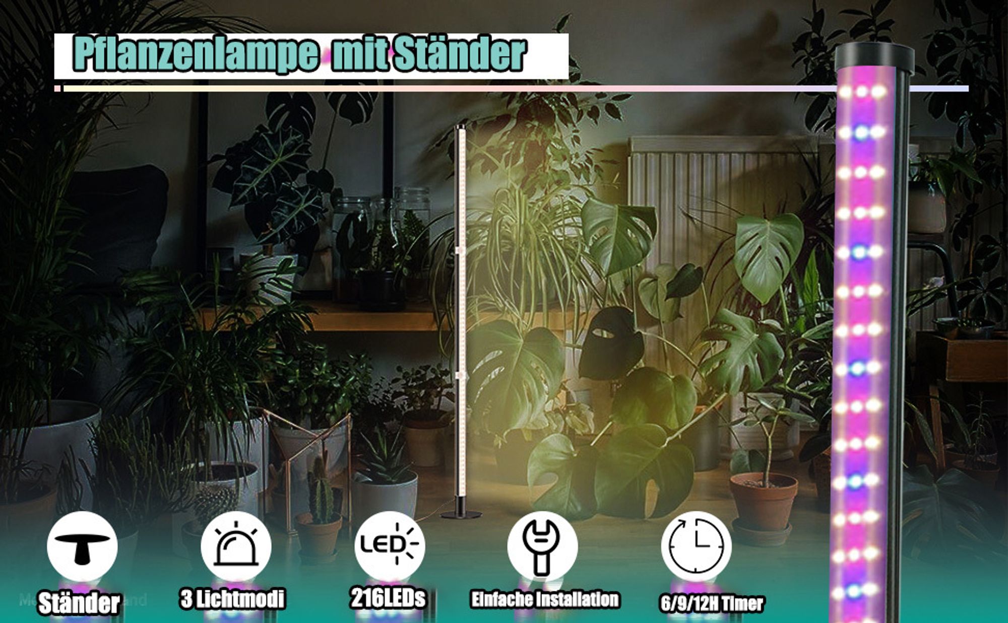 Pflanzenlampe LED Vollspektrum, 216LEDs 122CM Stehende Zimmerpflanzen Growlampe, 3 Lichtmodi Rot Blau Vollspektrum Wachstumslampe mit 6/9/12H Timer