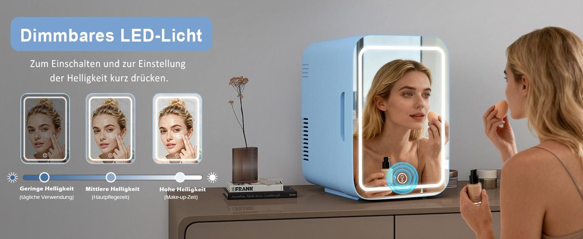 Puluomis Mini Kühlschrank 4L mit LED Spiegel tragbar für Kosmetik, Kühlbox Warmbox blau