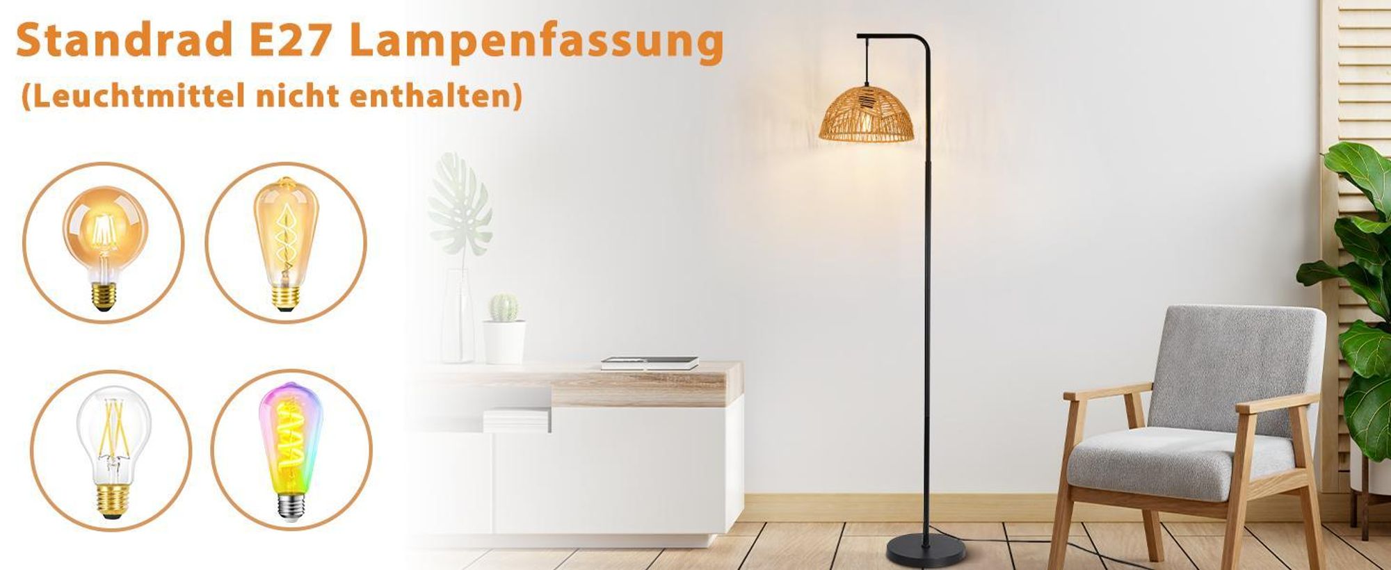 ZMH Stojací lampa Boho, stojací lampa do obývacího pokoje, lampa s provazovým stínidlem, černá, s nožním spínačem, E27, výška 164 cm, do ložnice a jídelny