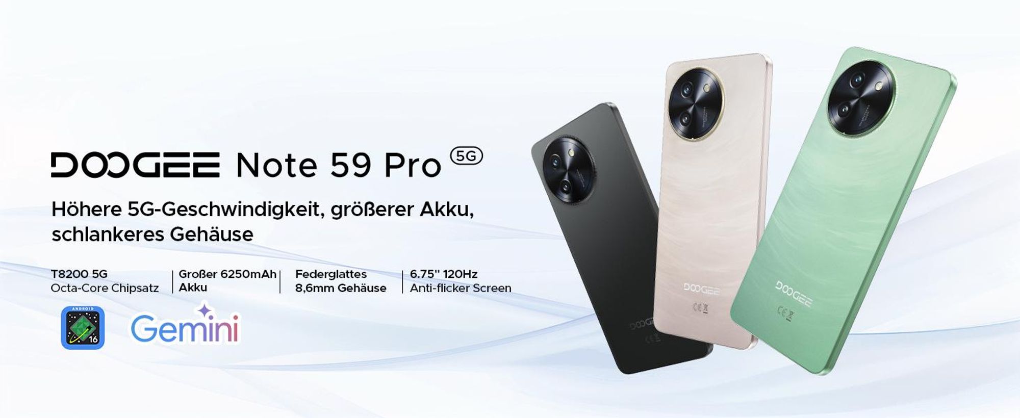 DOOGEE Note59 Pro Smartphone Handy, Android 16, 6,75" 120Hz, 6250mAh Akku, 32GB+256GB, 5G, 16MP, NFC, Fingerabdruck, ohne Vertrag