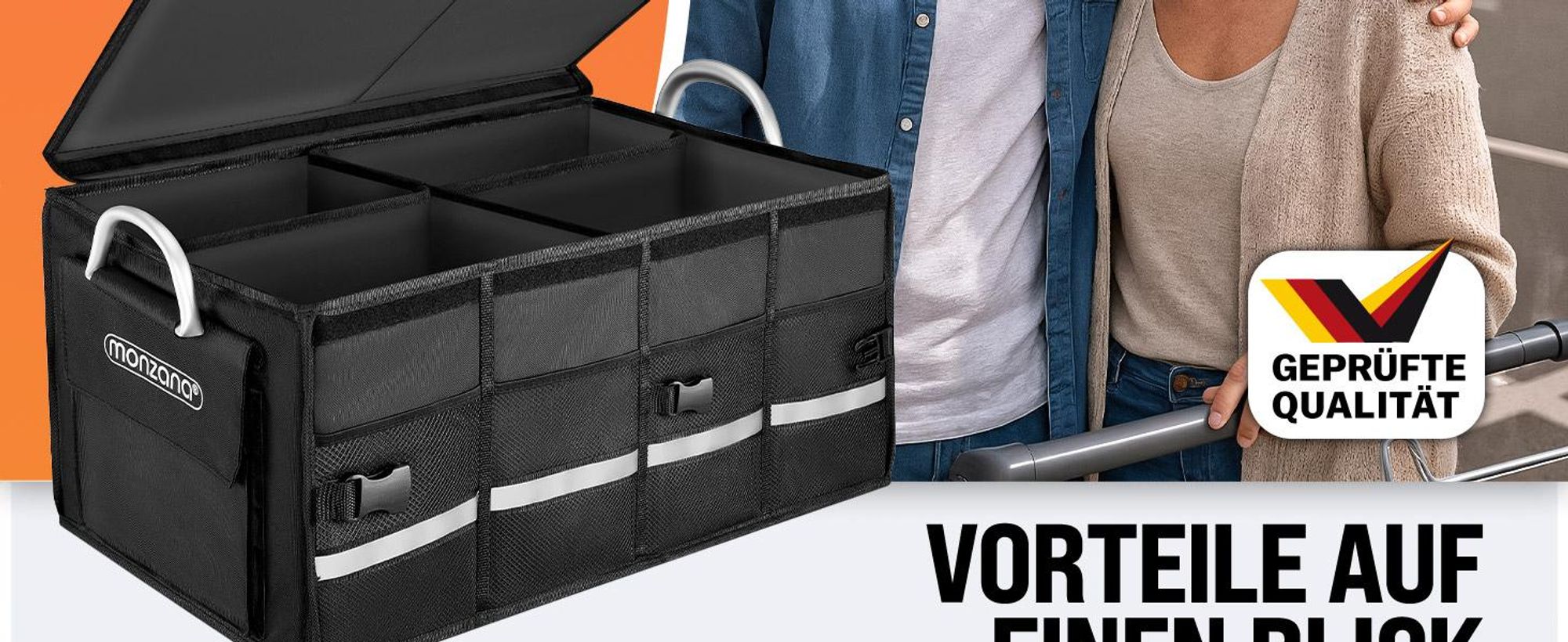 MONZANA® Kofferraum Organizer Deckel 68L Trennwände Wasserdicht Faltbar Verstärkte Wände Rutschfest Kofferraumtasche Kofferraumbox Autotasche Schwarz