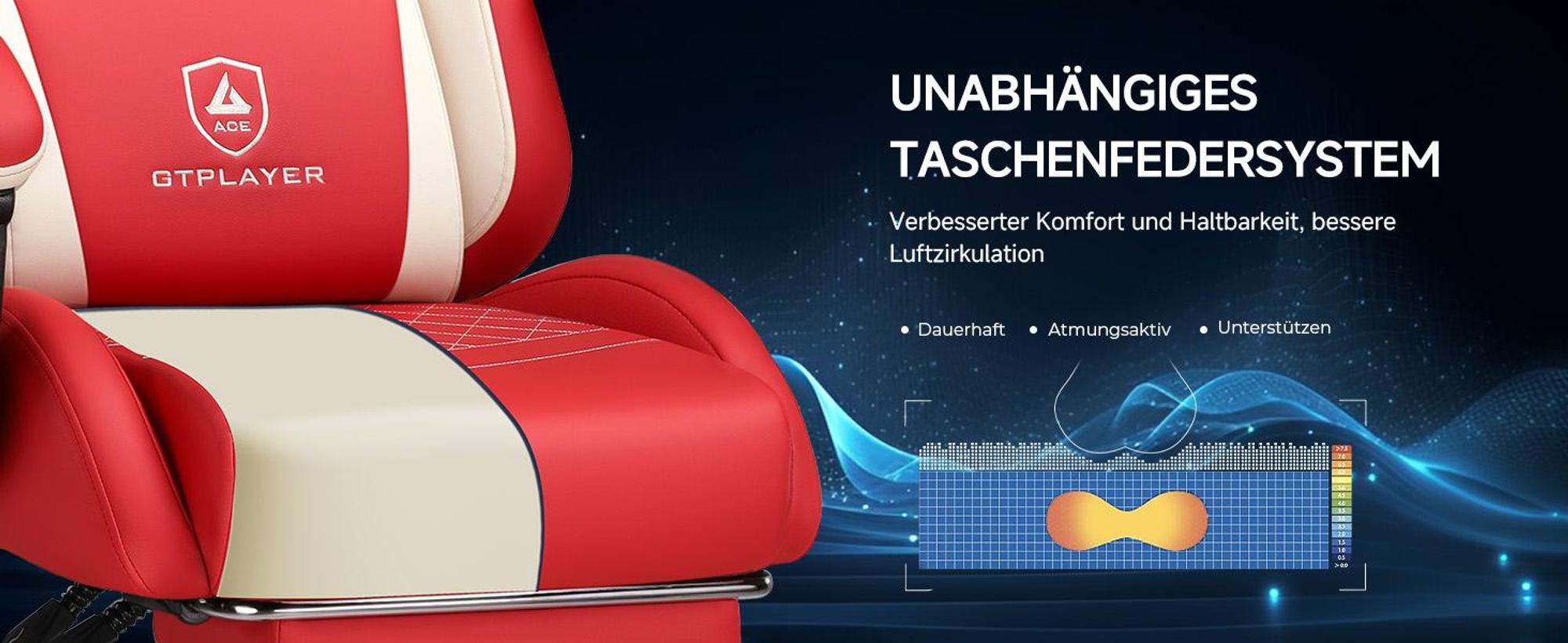 GTPLAYER Gaming Stuhl, Ergonomischer Gamer Stuhl aus Kunstleder mit Lendenwirbelstütze, PC-Stuhl mit verbreiterter Rückenlehne, Belastbar bis 150 kg, Ro