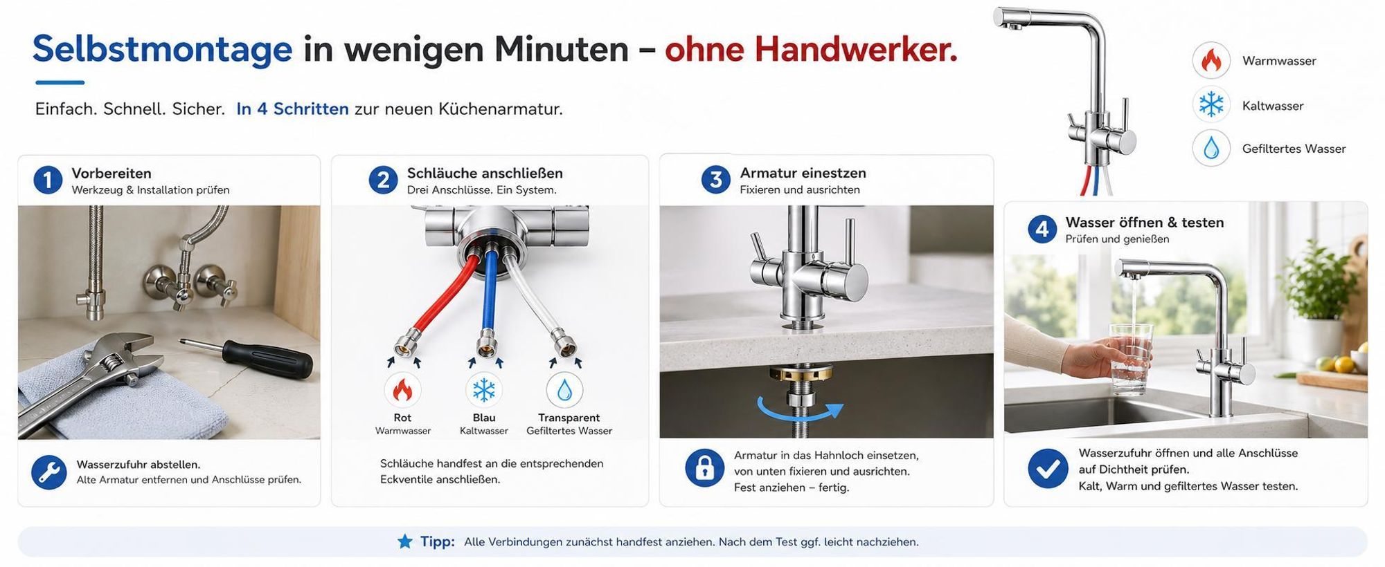 3-Wege Wasserhahn mit Filter, 360° drehbare Küchenarmatur, Kalt-Warm-Trinkwasser, Doppelhebel, 2 Sprühmodi, Edelstahl
