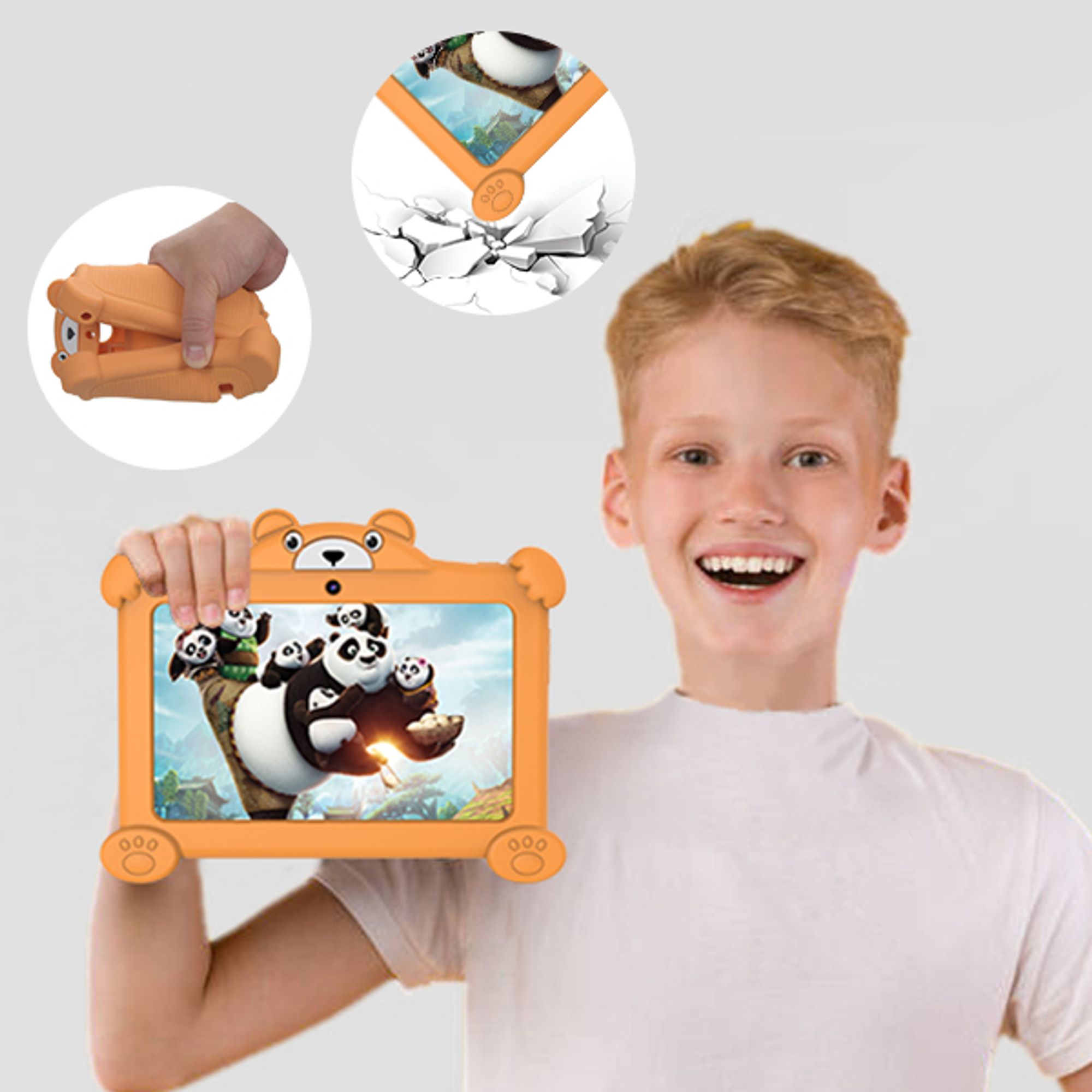 7-Zoll-Kleinkind-Tablet für Kinder Android 11 2 GB RAM 32 GB ROM installierte Kindersoftware, mit bärenförmiger Schutzhülle, Orange