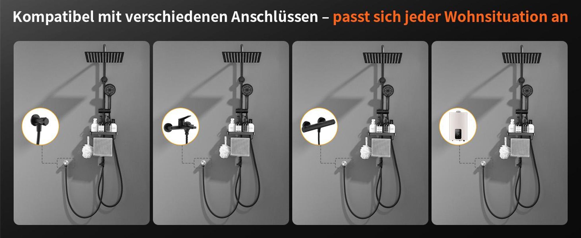 Homelody Duschsystem ohne Armatur, Duschset Duschsäule mit SUS304 Edelstahl Duschablage 30cm kopfbrause & Handbrause Quadratisch 5 Strahlarten Schwarz