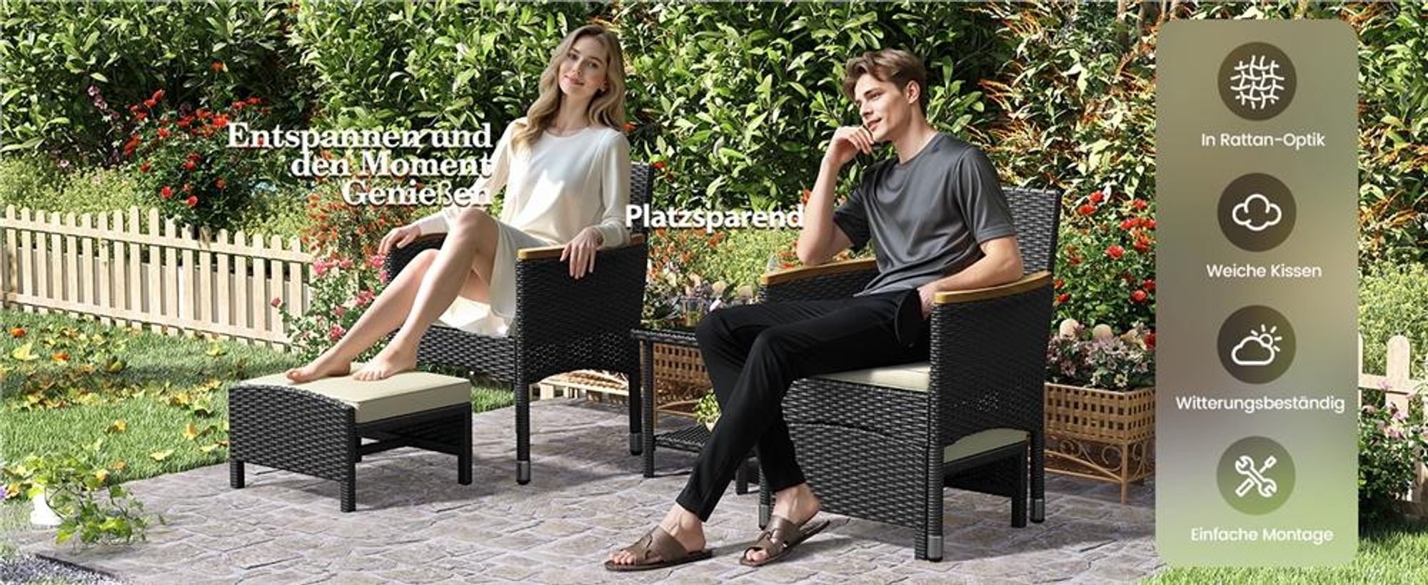 Yaheetech 5er Gartenmöbel Set, aus Rattan, inkl. 2 Einzelsofas & 2 Fußhocker & 1 Kaffeetisch, Balkonmöbel Terassenmöbel, Schwarz & Beige