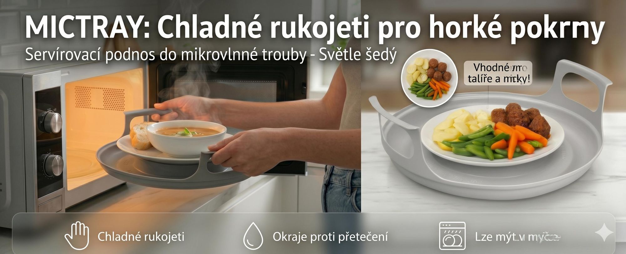 Mikrovlnný servírovací podnos s uchy pro talíře do 27 cm, servírovací podnos do mikrovlnné trouby – MICTRAY