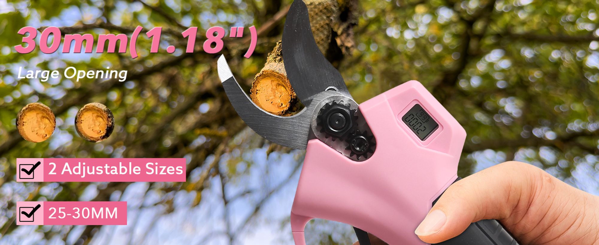 Akku Astschere Elektrische Gartenschere,0-30 mm Schnittdurchmesser,Fortschrittliche Digitalanzeige,mit 2 Batterie, 21V Baumschere,Rosa