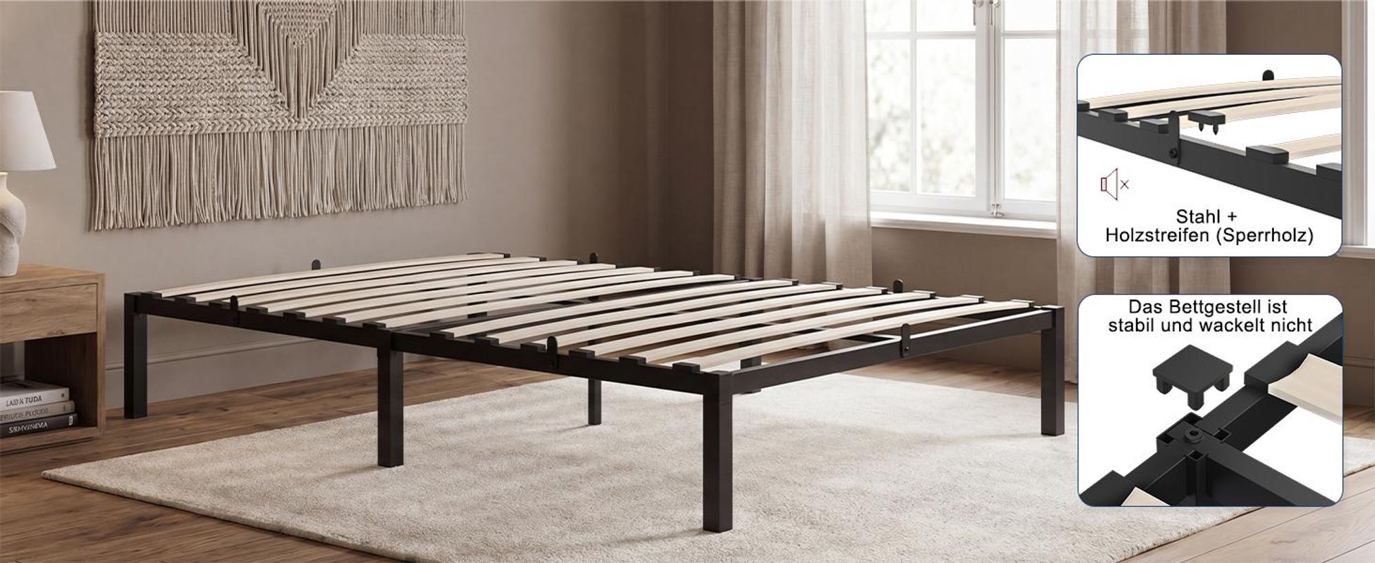 Metallbett 90x200 cm mit Lattenrost, Bettgestell aus Stahl & Holz, 160 kg Belastbar, 26 cm Stauraum, Geräuscharm, Einfache Montage, Schwarz