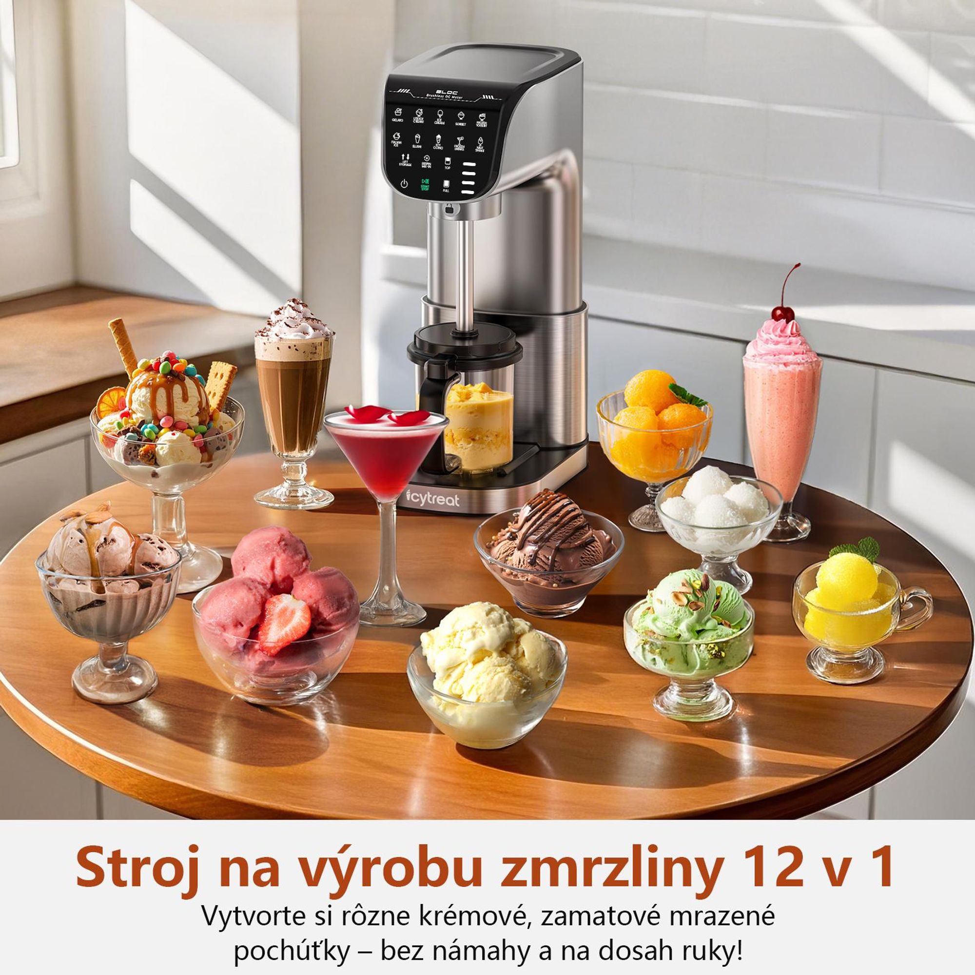 Výrobník zmrzliny IcyTreat IC-1010 EU – CE – Plne automatický, kryt z nehrdzavejúcej ocele – Vybavený 3 nádobami a 12 programami – Strieb