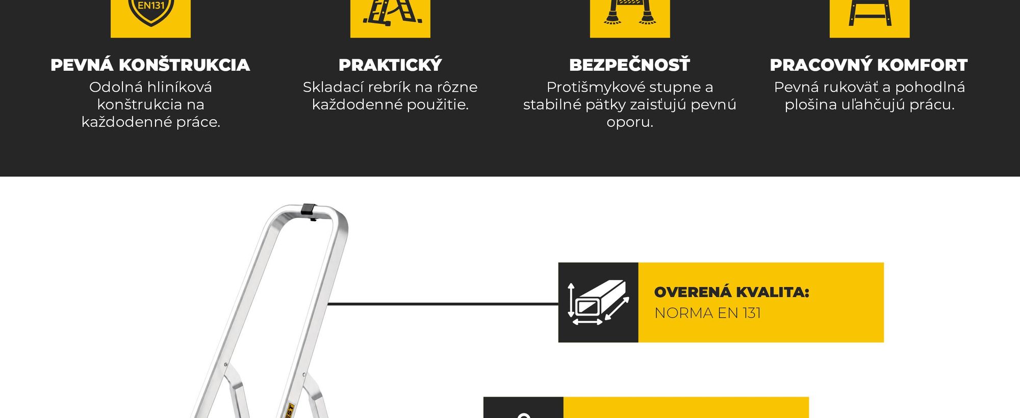 Drabest | Rebrík – hliníkový viacúčelový rebrík PRO – 4 stupne – rebrík – stabilný, bezpečný, ľahký, praktický – s háčikom – nosnosť 150 kg