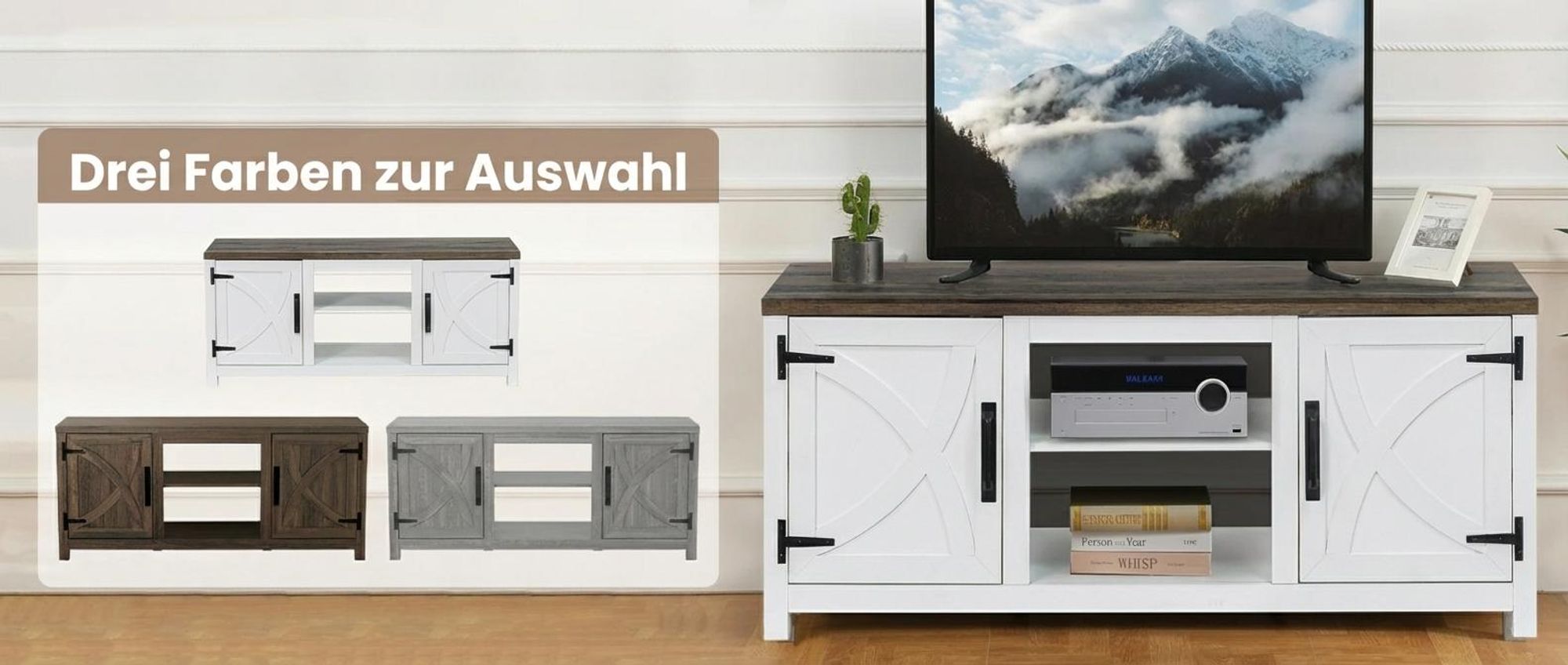 Parrot Uncle TV-Schrank für Fernseher bis 65 Zoll, MDF, Weiß , mit 2 offenen Fächern und 2 Tür, 147 x 41 x 62 cm, 54 kg Tragkraft