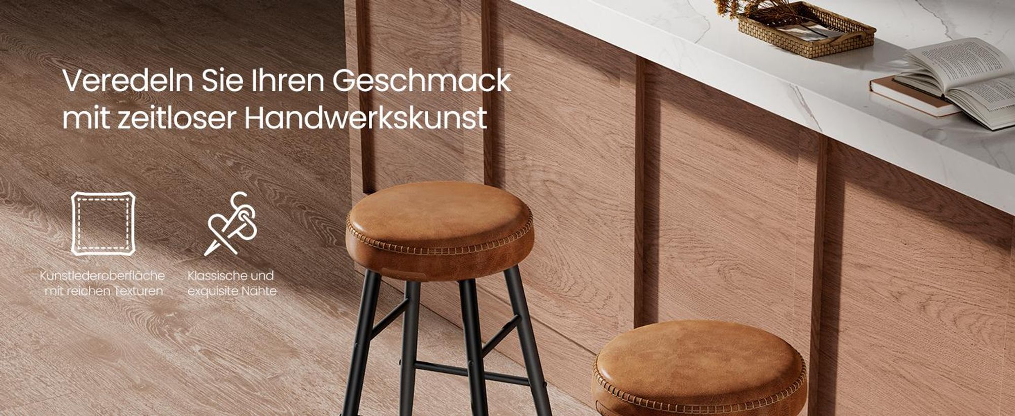 VASAGLE ECHO Kollektion Barhocker, 2er Set, Barstuhl, Kunstleder, karamellbraun