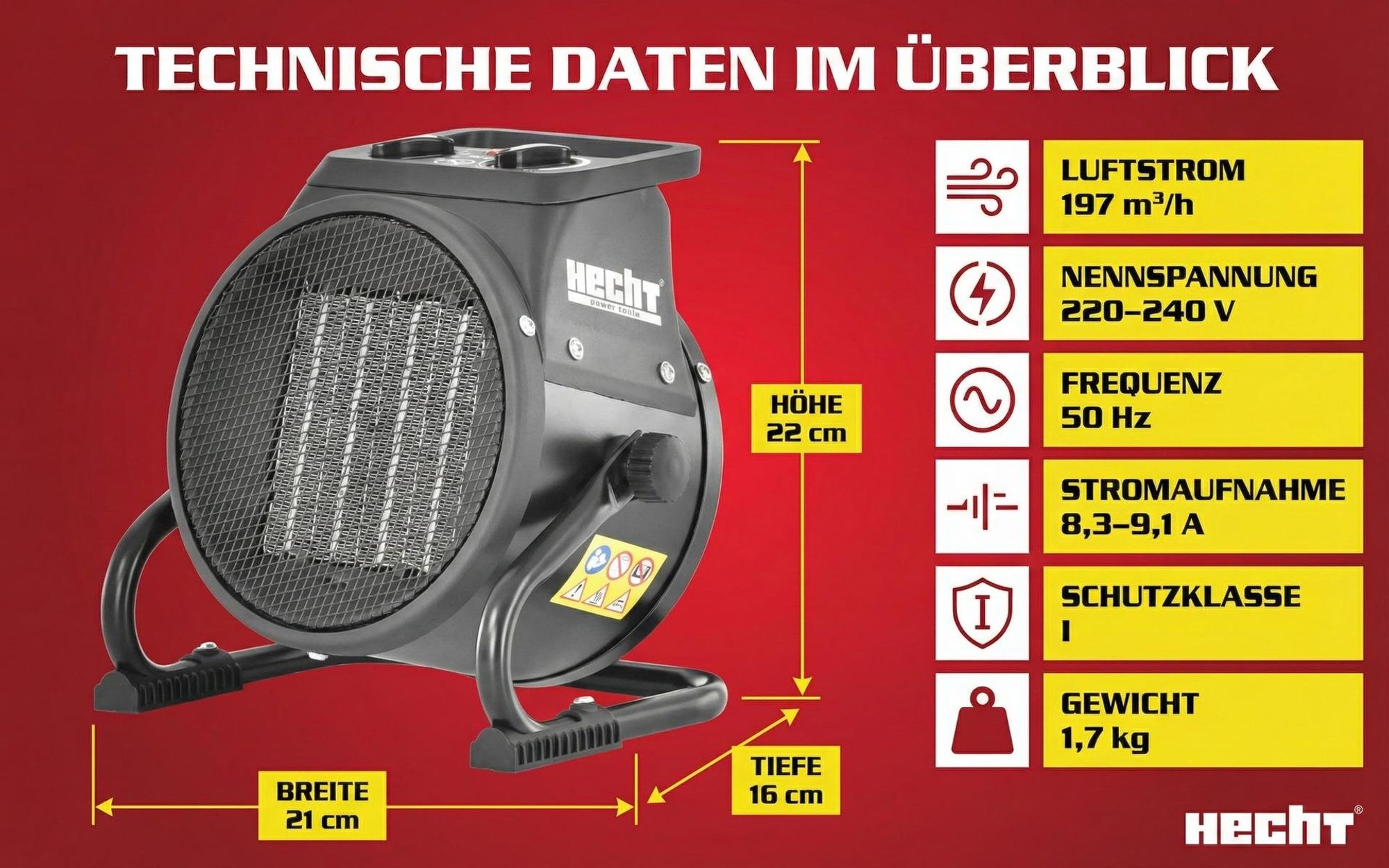 HECHT 3422 Heizlüfter 2in1 Ventilator | 3000 W | bis 40 m² | Isolierter Tragegriff | Thermostat