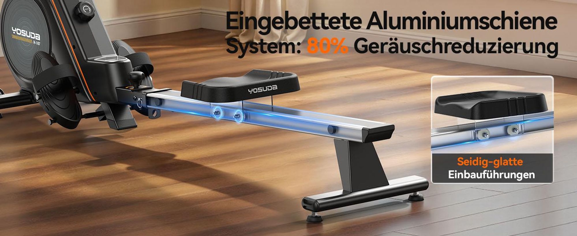 YOSUDA Rudergerät Zuhause, 16 Dynam. Widerstand, für Große bis 181kg, Ultra-Leise Magnetisch, Komfort-Sitz, Bluetooth/App, Alu-Schiene