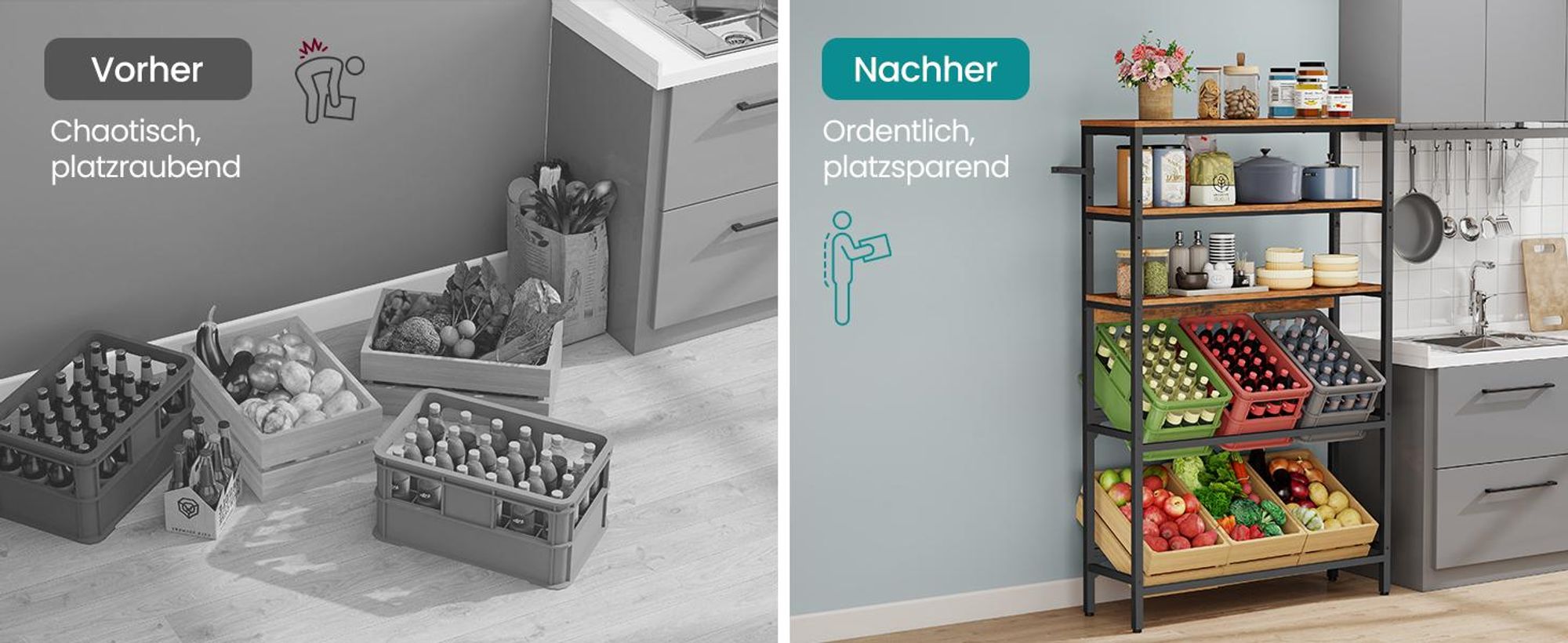 SONGMICS Getränkekistenregal, 2 Ebenen für 6 Kisten, mit 3 Ablagen, Stahl, Getränkeregal, braun-schwarz