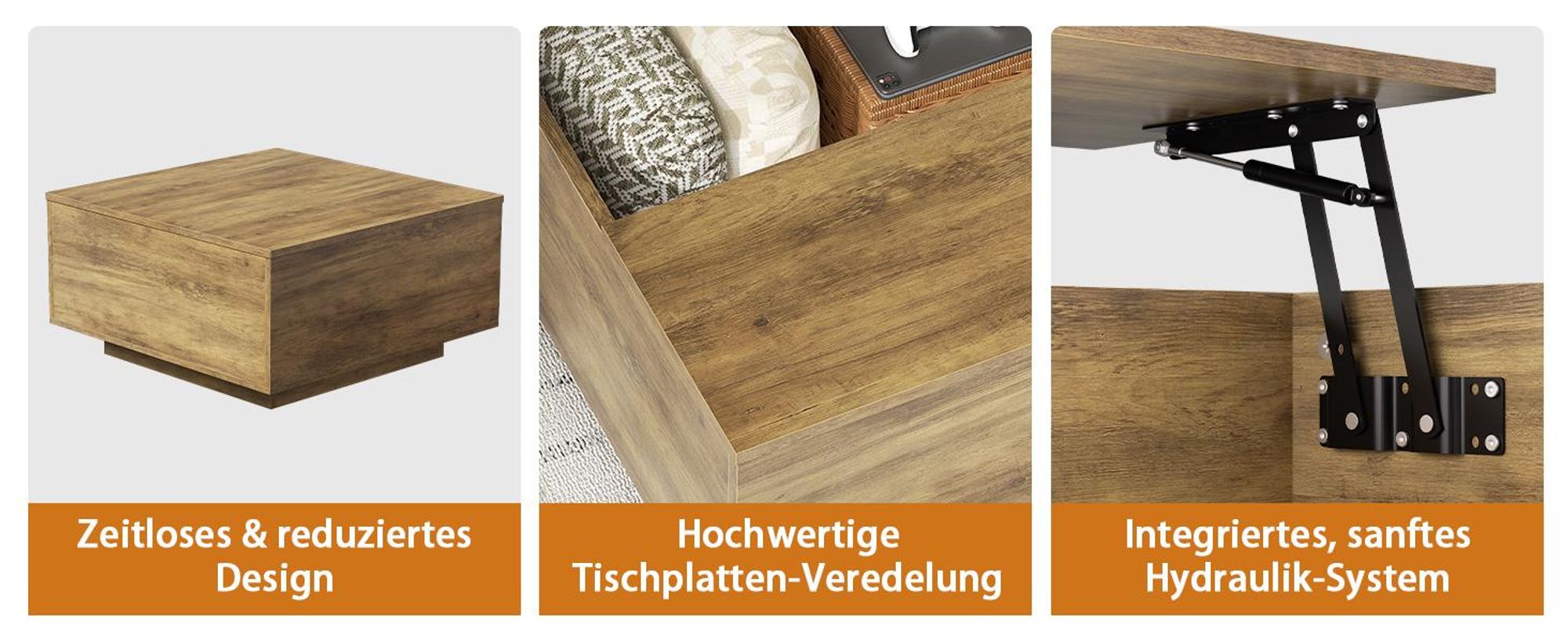 FABATO Couchtisch mit hochklappbarer Platte, quadratischer Couchtisch aus Holz mit Stauraum, Couchtische im Landhausstil mit verstecktem Staufach