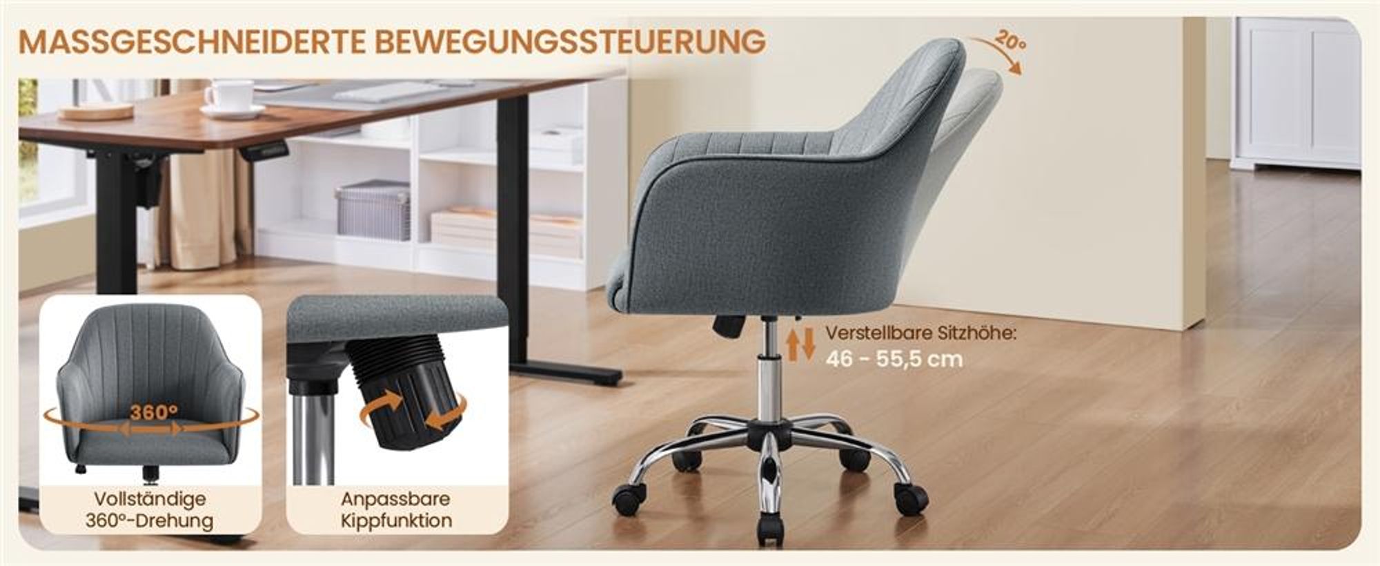 Yaheetech Bürostuhl Schminkstuhl, höhenverstellbarer Schreibtischstuhl, Drehstuhl mit Armlehnen,  atmungsaktiv, bis 136 kg, Dunkelgrau