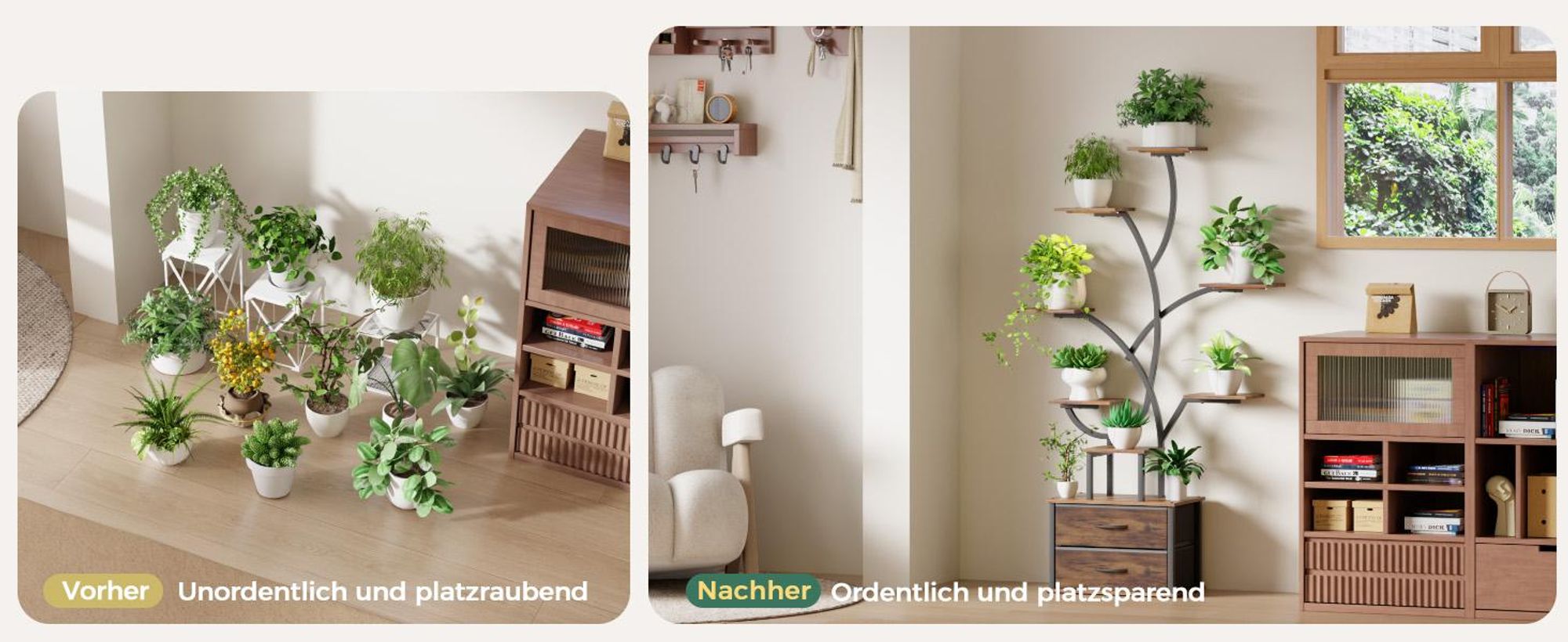 Mondeer Pflanzenregal 160cm, mit LED-Lampe, 9 Etagen & 2 Schubladen, Schwarz-Braun