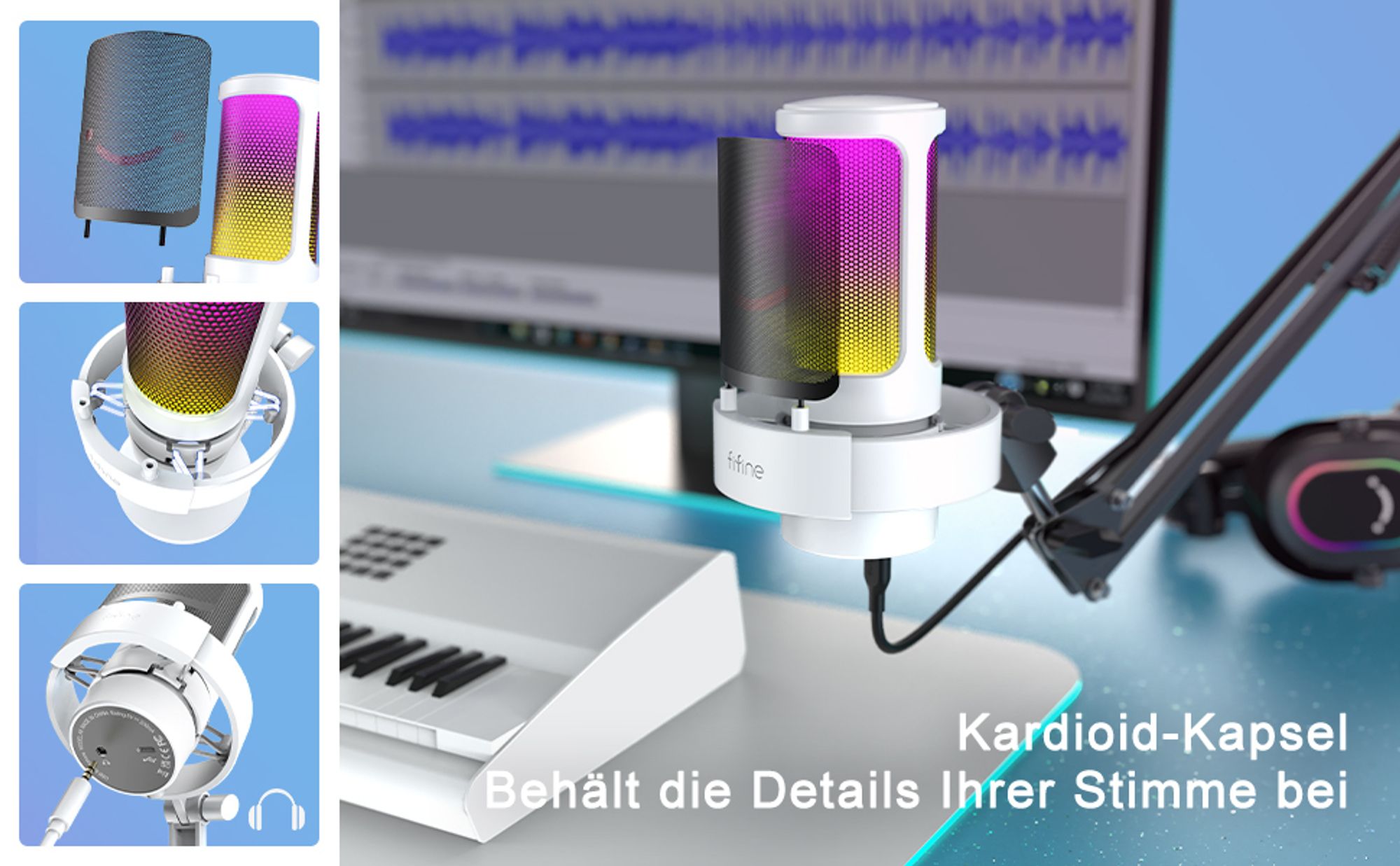 FIFINE  PC Microphone RGB Streaming  Gaming  Podcast Studio mit RGB-Steuerung, Stummschalter, Kopfhöreranschluss, Popfilter