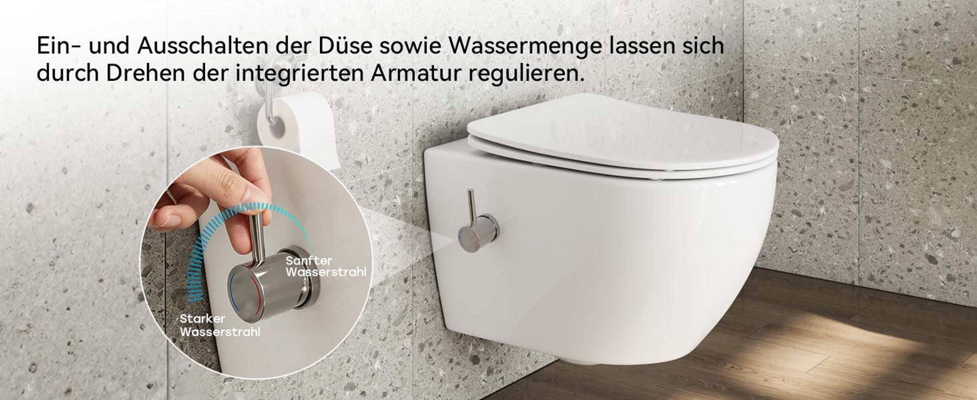 HOROW Dusch WC mit Bidet Funktion, Hänge WC mit Integrierter Düse, Taharet WC mit Armatur, WC Sitz mit Absenkautomatik, Kalt-/Warm Wasser, 53×36×35 cm