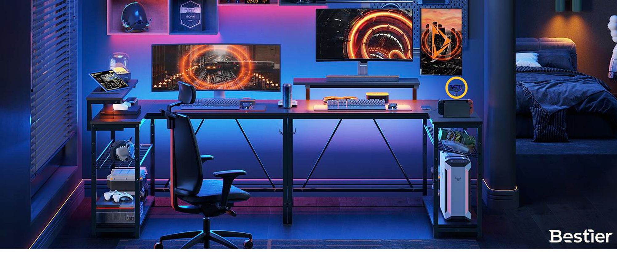 Bestier Gaming-Eckschreibtisch L-Form 132 cm – mit LED, Steckdosen, 2 Regalen & Haken – Umkehrbarer Computertisch für kleines Büro, Schlafzimmer
