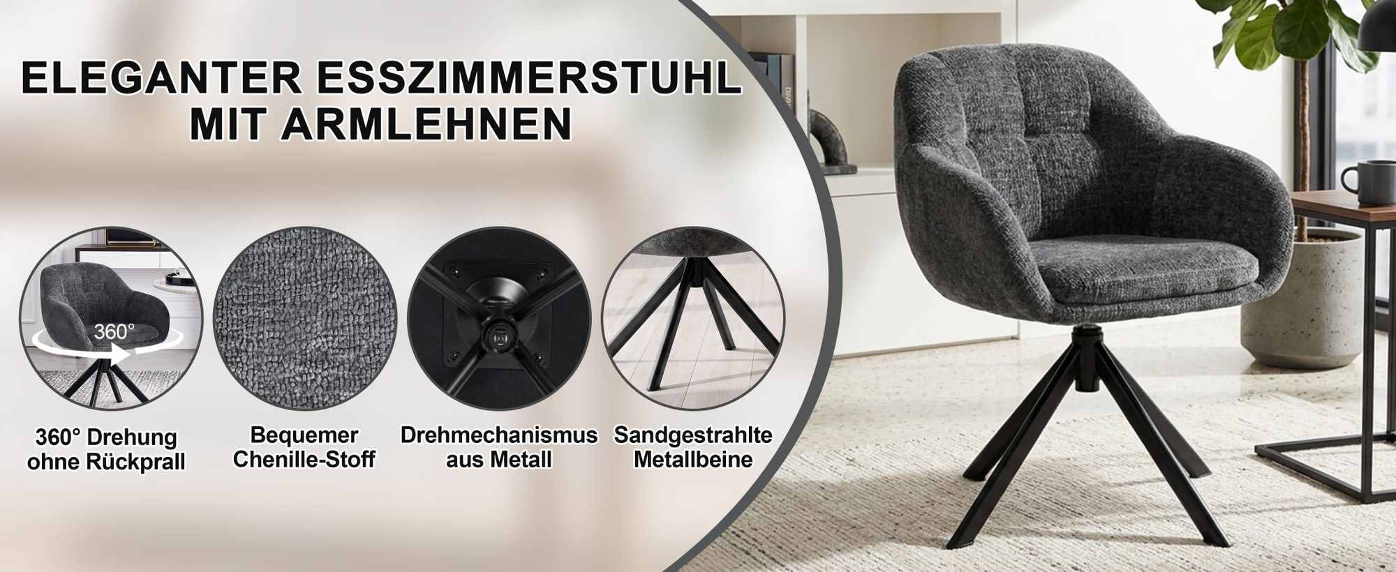 Duhome Loungesessel Armlehnstuhl aus Chenille-Stoff, Schminktisch Stuhl Esszimmerstuhl Sitzschale 360° drehbar, Grau