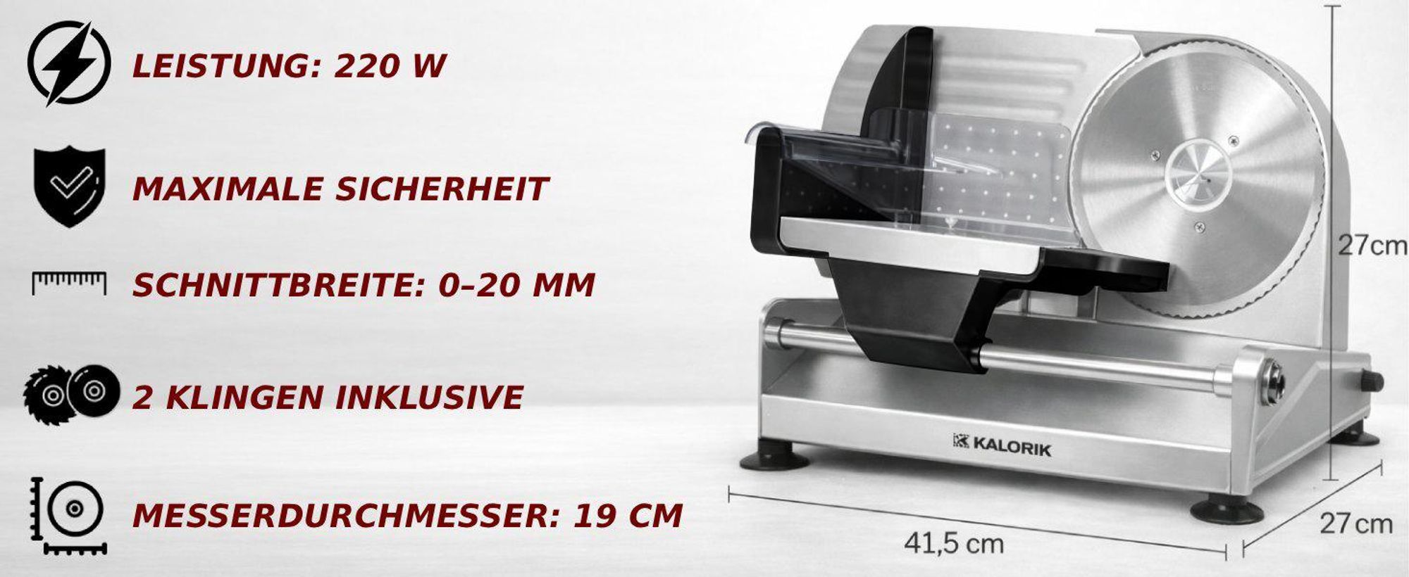 METALL-AUFSCHNITTMASCHINE MIT ZWEI AUSTAUSCHBAREN KLINGEN Silber 220W Schnittstärkeregulierung KALORIK