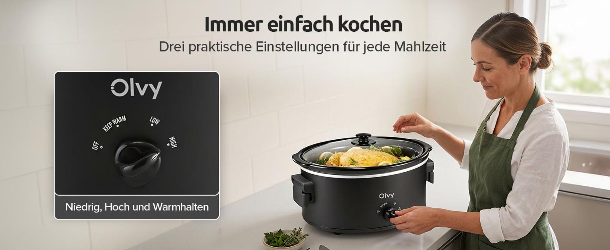Olvy Slow Cooker 6L – Keramischer Innentopf – inkl. Kochbuch – Warmhaltefunktion