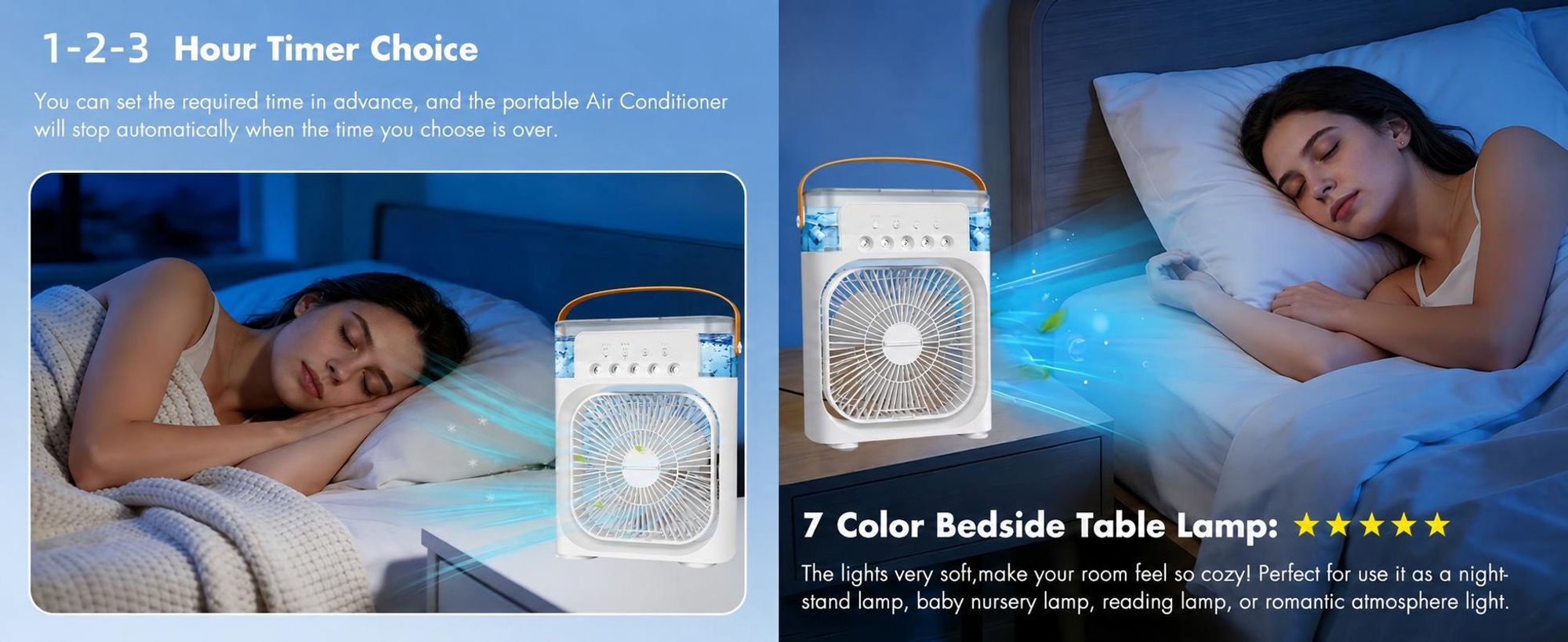 4 in 1 Tragbare Klimaanlagen,Ventilator,3 Geschwindigkeiten,5 Sprüharten,Timer,Luftbefeuchter mit 600ml-Wassertank,USB-Ladefunktion Luftkühler,leiser