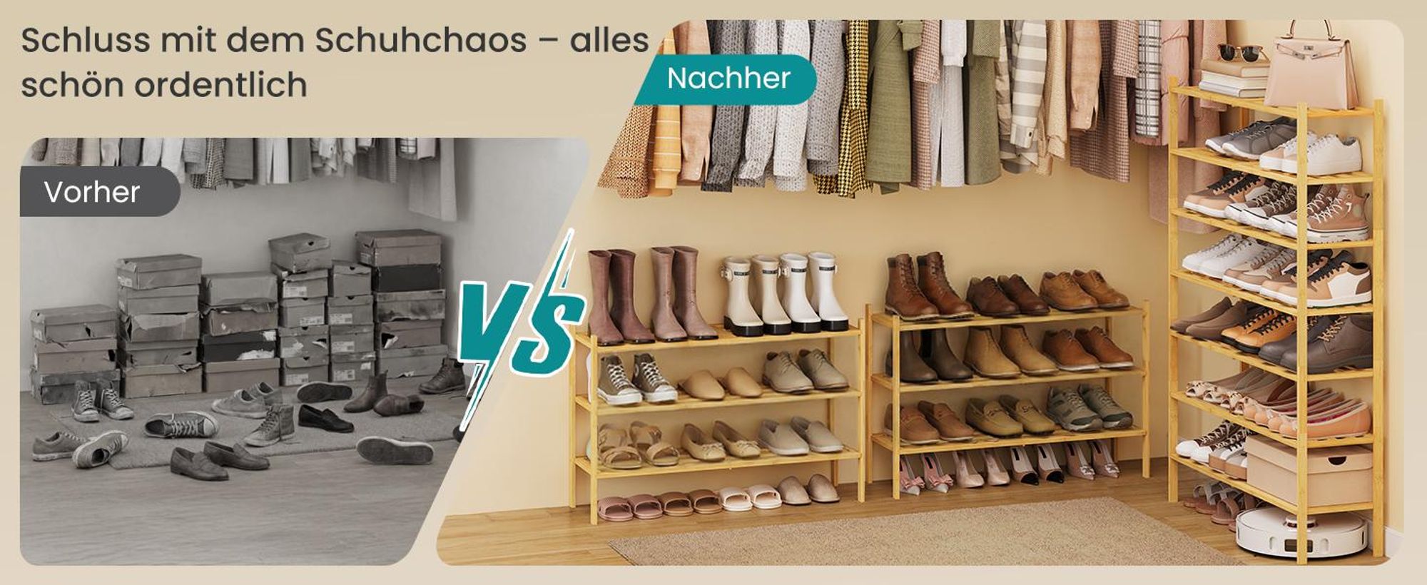 SONGMICS Bambus Schuhständer, stapelbares Schuhregal 3 Ebenen, platzsparend für Flur, Schlafzimmer, Wohnzimmer, naturfarben