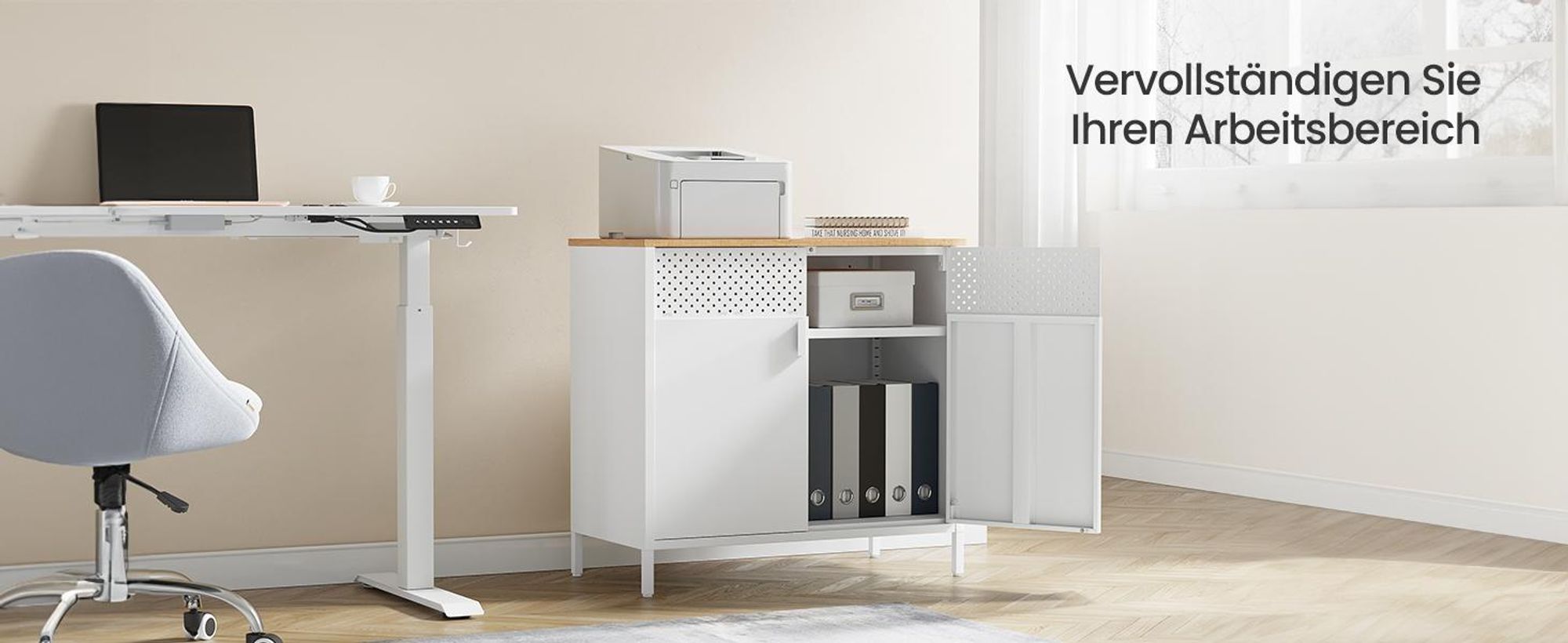 SONGMICS Aufbewahrungsschrank, Metallschrank, mit Doppeltür, Magnetverschluss, verstellbarer Einlegeboden, Stahlgestell, naturfarben-weiß CSL102W57