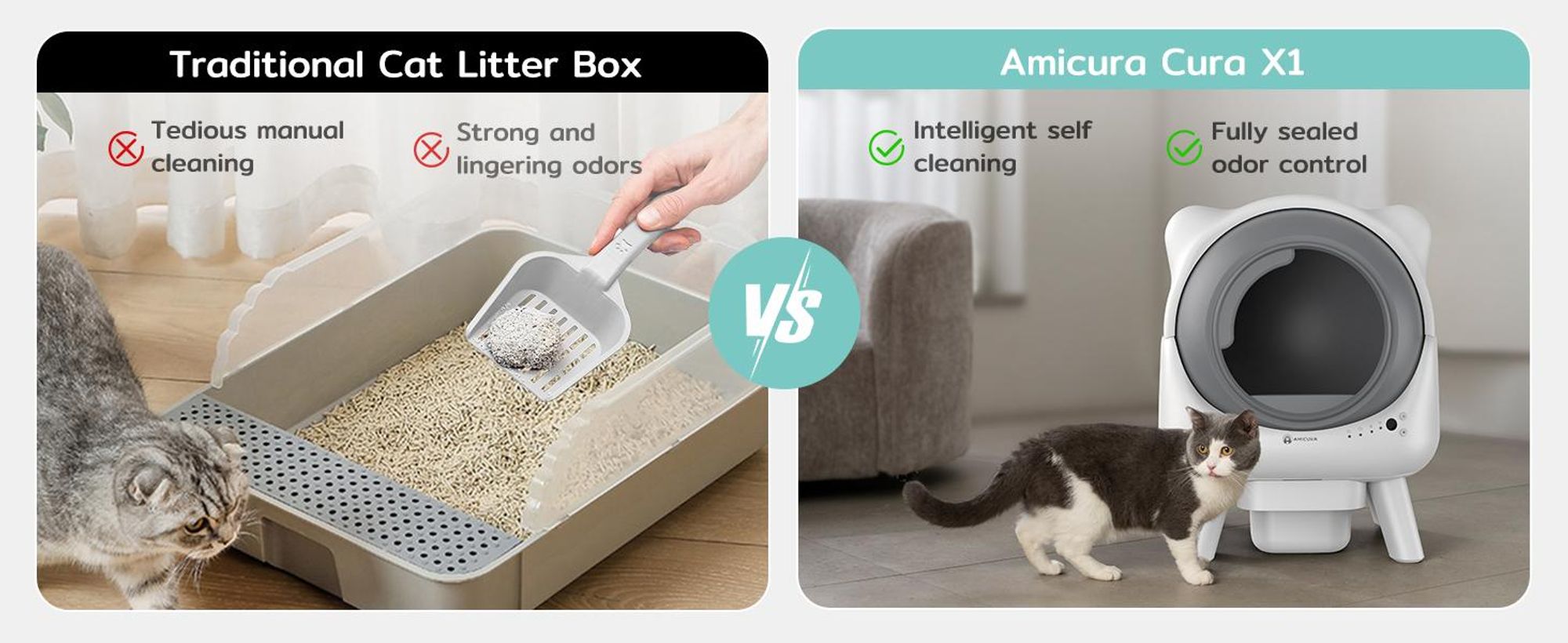 Katzenklo Selbstreinigend 80L-Amicura X1-Sicherheitssensor (Anti-Pinch) , XXL Geruchsdichter Abfallbehälter,App-Steuerun-Weiß