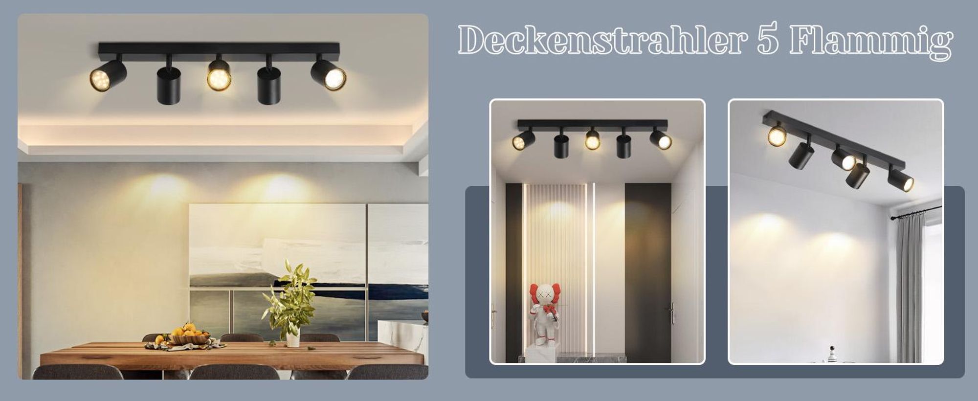 ZMH LED plafondlamp, zwart, 5 lichtpunten. Moderne plafondlamp, verstelbare spots (350°) met GU10 fitting, geschikt voor woonkamer, slaapkamer en hal. Metalen plafondspots