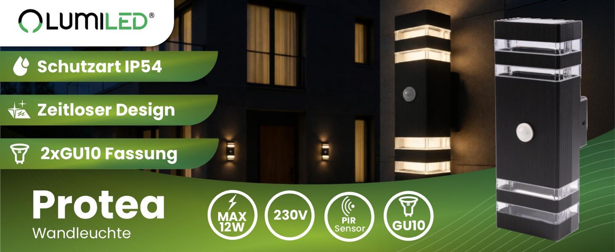 LUMILED Außenwandleuchte mit Bewegungsmelder Wandlampe Außenleuchte Wand GU10 Fassung (max. 12W LED) IP54 Wandleuchter oben und unten Terrasse Fassade rechteckig Kunststoff