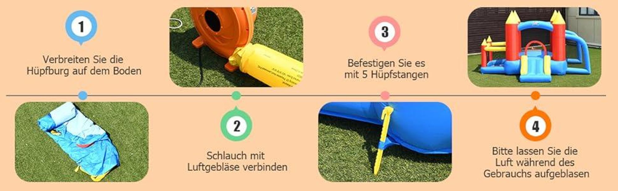 COSTWAY Hüpfburg + 450W Gebläse Springburg Hüpfschloss, Bouncer mit Rutsche, 60 Ozeanbälle, Fußballtor, 2 Dartpfeile, Tragetasche, 350x275x196cm