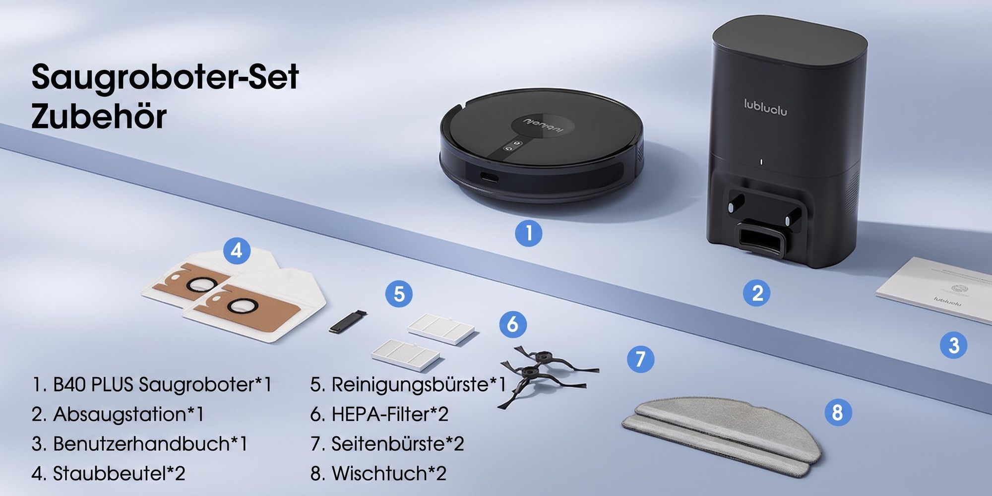 Lubluelu B40 Plus Staubsauger Roboter, 17000Pa Saugkraft, 20S Selbstentleerung, 3-in-1 Saugen & Wischen, Automatische Aufladung, Ideal für Tierhaare