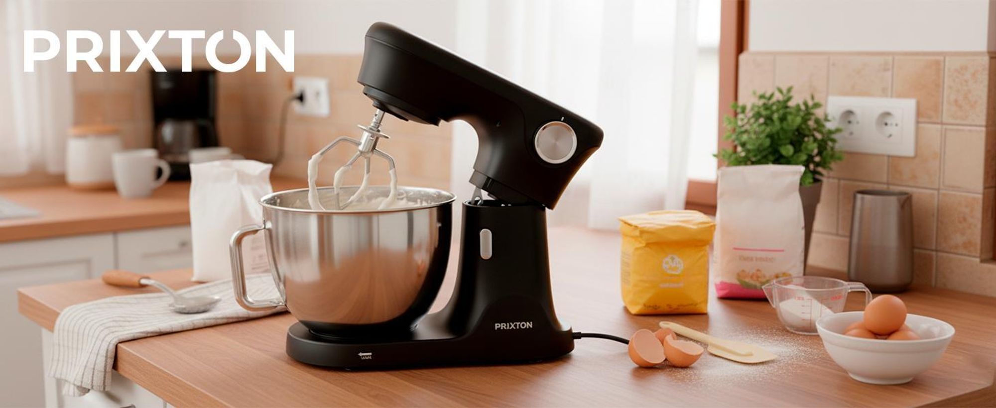 PRIXTON Küchenmaschine KR350 2000W mit 8 L Edelstahl-Schüssel, 6 Geschwindigkeiten + Puls, Kneten, Mischen & Schlagen, Alu‑ & Edelstahlzubehör