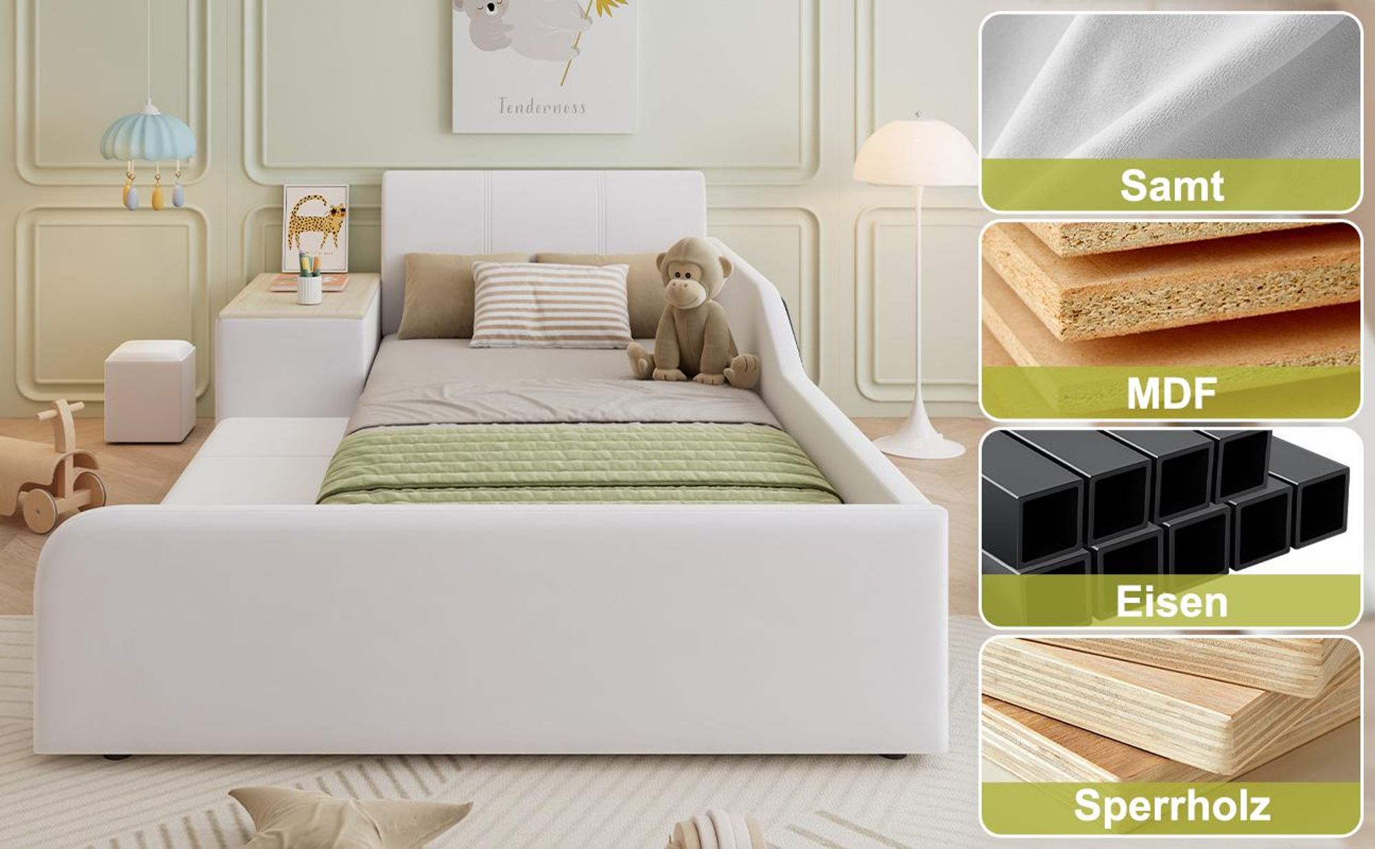MODFU Kinder-Polsterbett 90x200 Einzelbett mit Lernschreibtisch,Jugendbett mit Hocker und Ablageboden,Kinderbett Bettgestell mit Holzlattenrost und weichem Kopfteil,ohne Matratze,Weiß