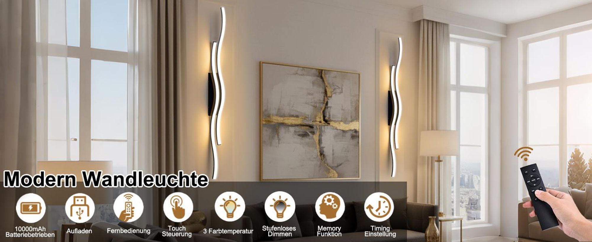 2 Stück LED Wandleuchte Wellenform Innen Modern Dimmbar 3 Farbtemperaturen Wiederaufladbar Wandlampe mit Fernbedienung, Schwarz