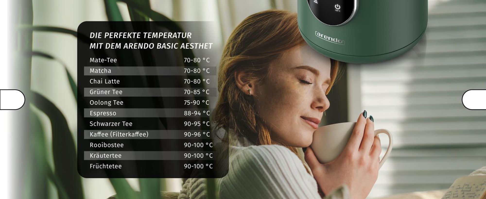 Arendo Wasserkocher mit Temperatureinstellung 40°C - 100°C mit Anzeige, Temperaturwahl, Edelstahl, 1,7 L, 2200W, LED-Display, Holzoptik-Griff, BPA-frei
