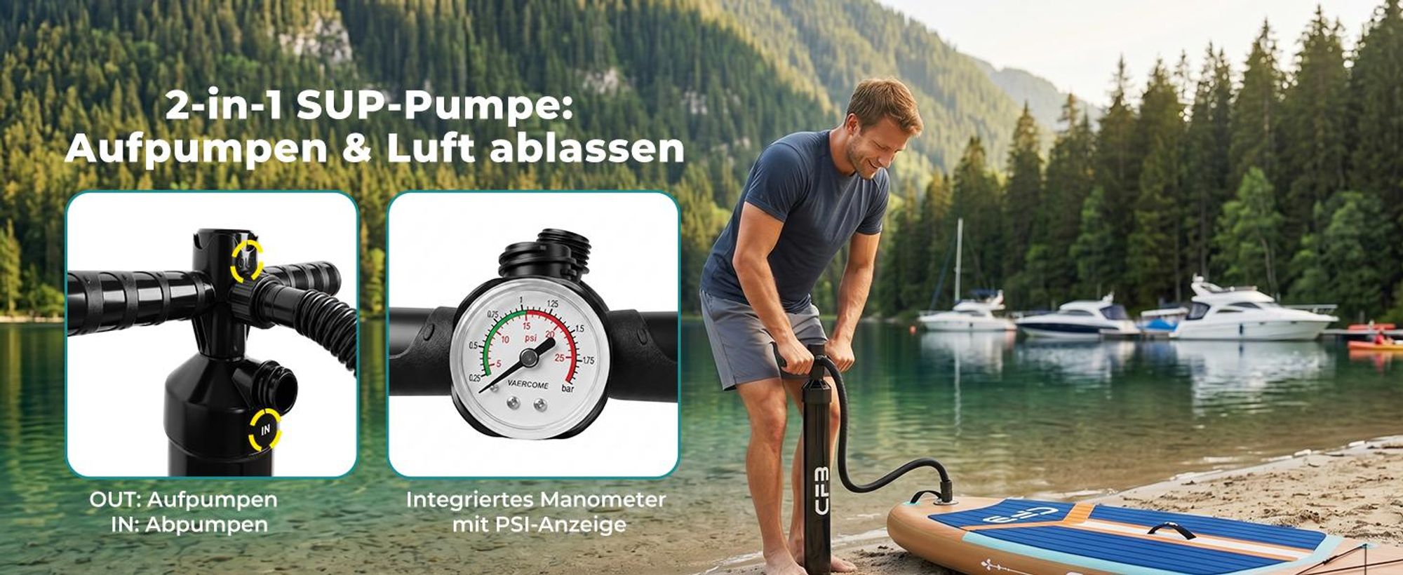 CFB Stand Up Paddle Board 335 mit 86 cm Standfläche, Bis zu 200kg, SUP Board mit Paddel, Pumpe, Rucksack, aufblasbares iSUP Set für Anfänger&Familien