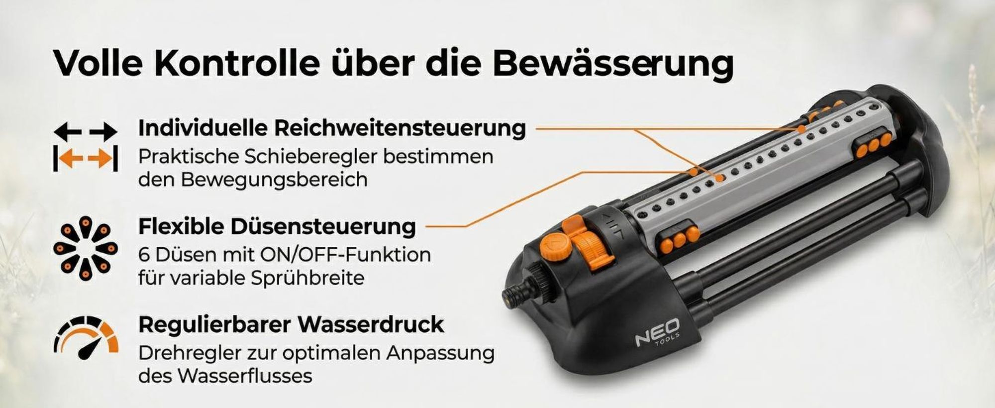 NEO TOOLS Rasensprenger bis 320 m2, Sprengbreite bis 20 m x 16 m, 20 Auslassdüsen - Oszillationssprenger für den Garten