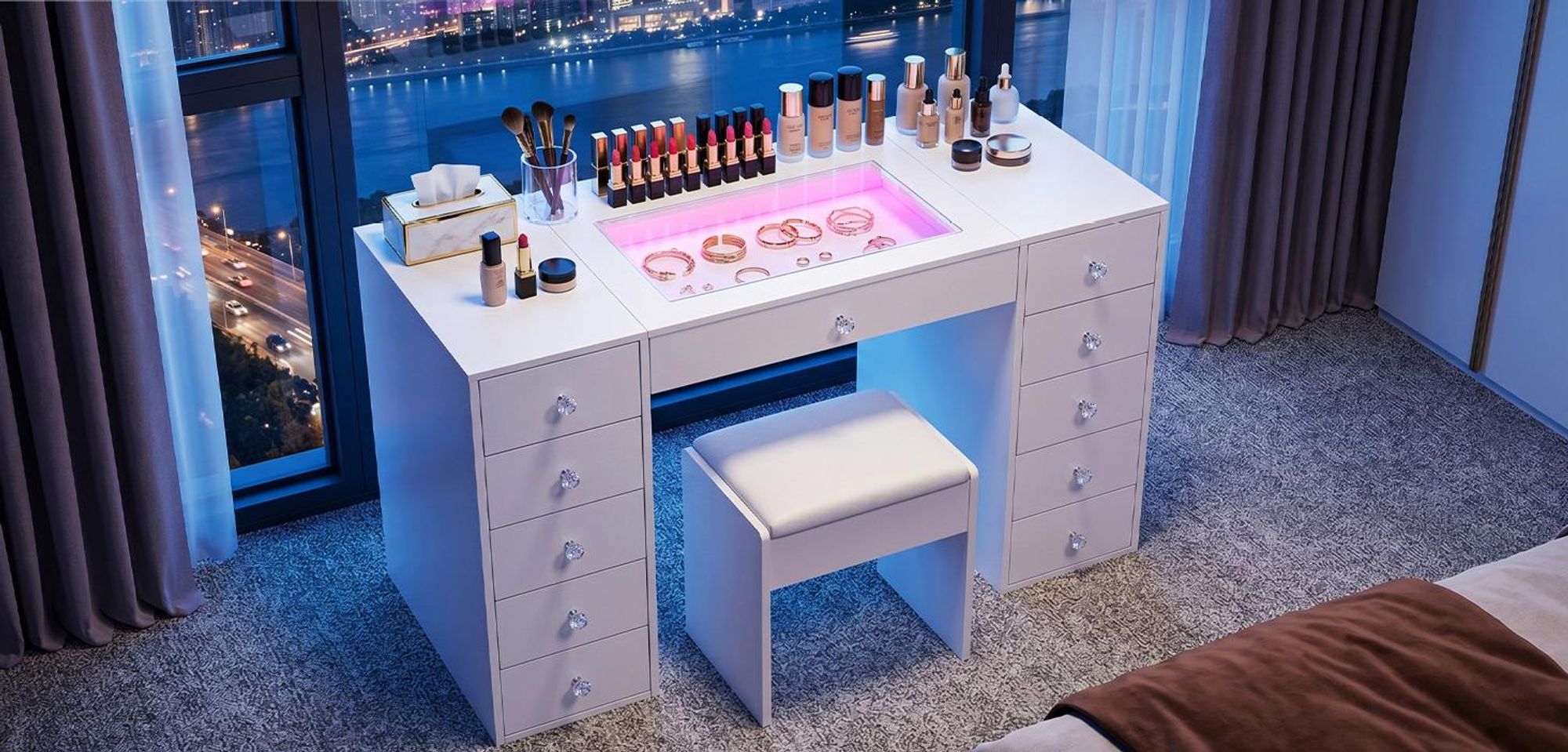 VANITII Coiffeuse LED 6 modes – 11 tiroirs, blanc minimaliste 130×81×55 cm (miroir 58×46 cm)