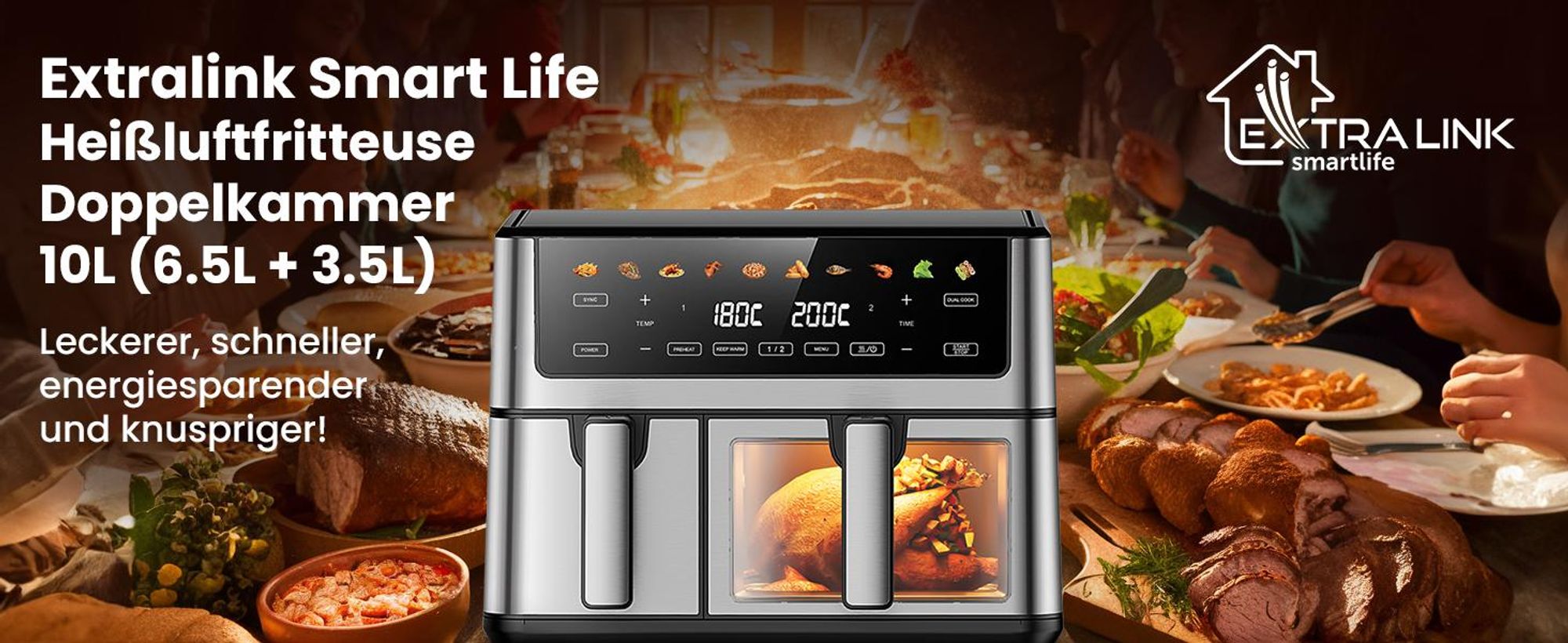 Extralink Air Fryer Dual Basket 10 l Heißluftfritteuse 2500 W mit 2 Körben und Touchdisplay