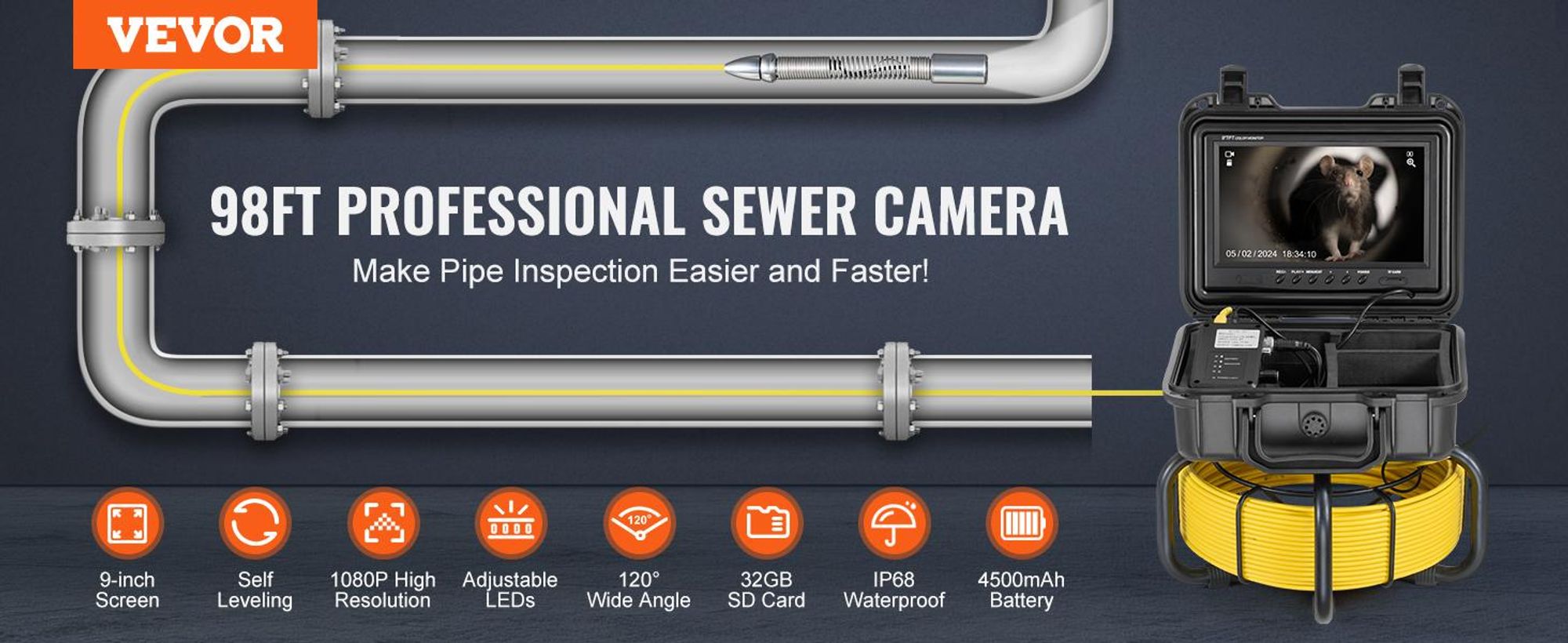 VEVOR Abwasserkamera Rohrinspektionskamera mit 512hz Sonde 22,9 cm 720p Bildschirm 50,3m, Ohne Positionierungsreceiver-a, 30 m-a