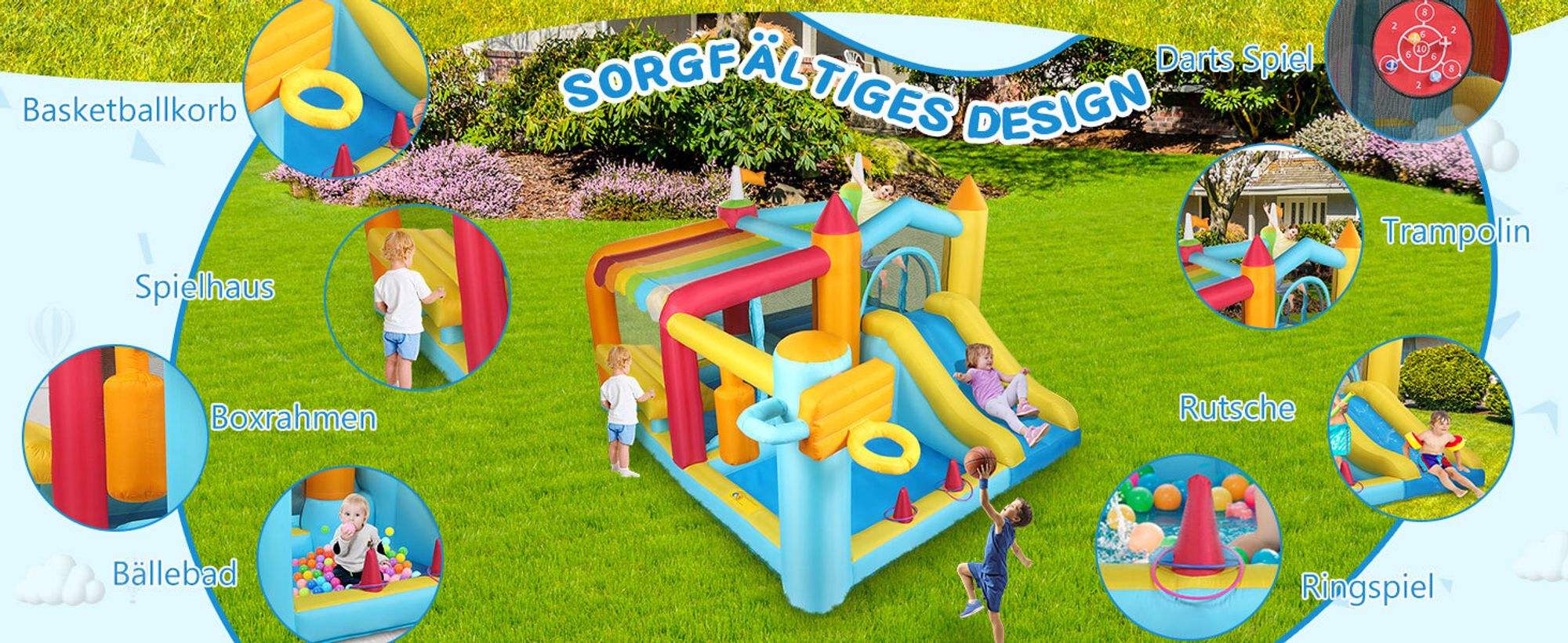 FCH Hüpfburg aufblasbar mit Gebläse,Wasserrutsche, 320x310x200cm,Springburg Outdoor, Wasserpark mit Trampolin