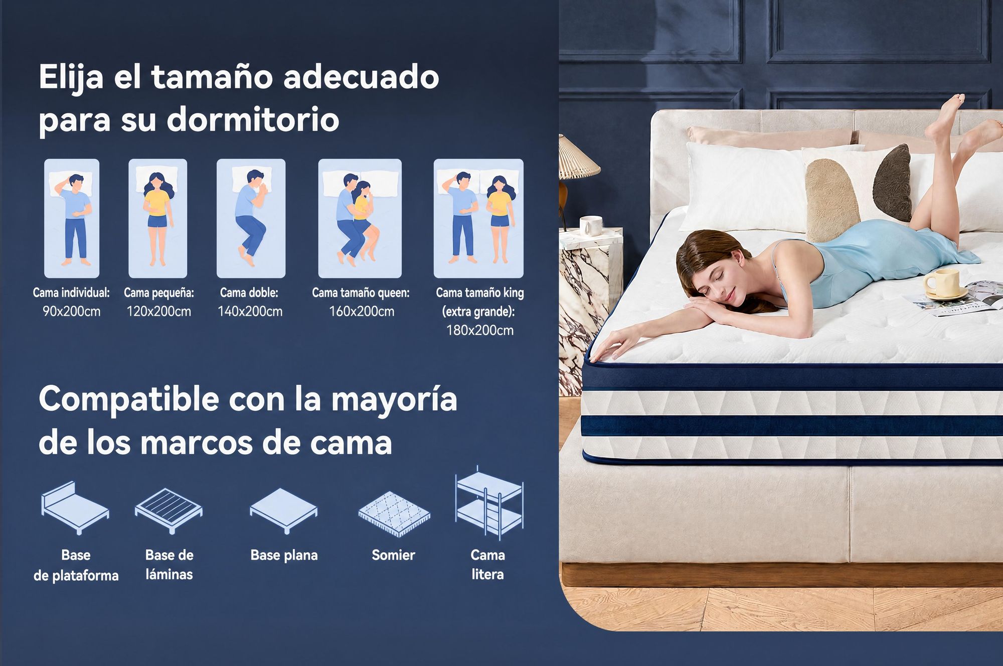 Colchón de 180x200 cm, 26 cm de grosor, con capa superior integrada, colchón de muelles ensacados de 7 zonas, firmeza H3/H4