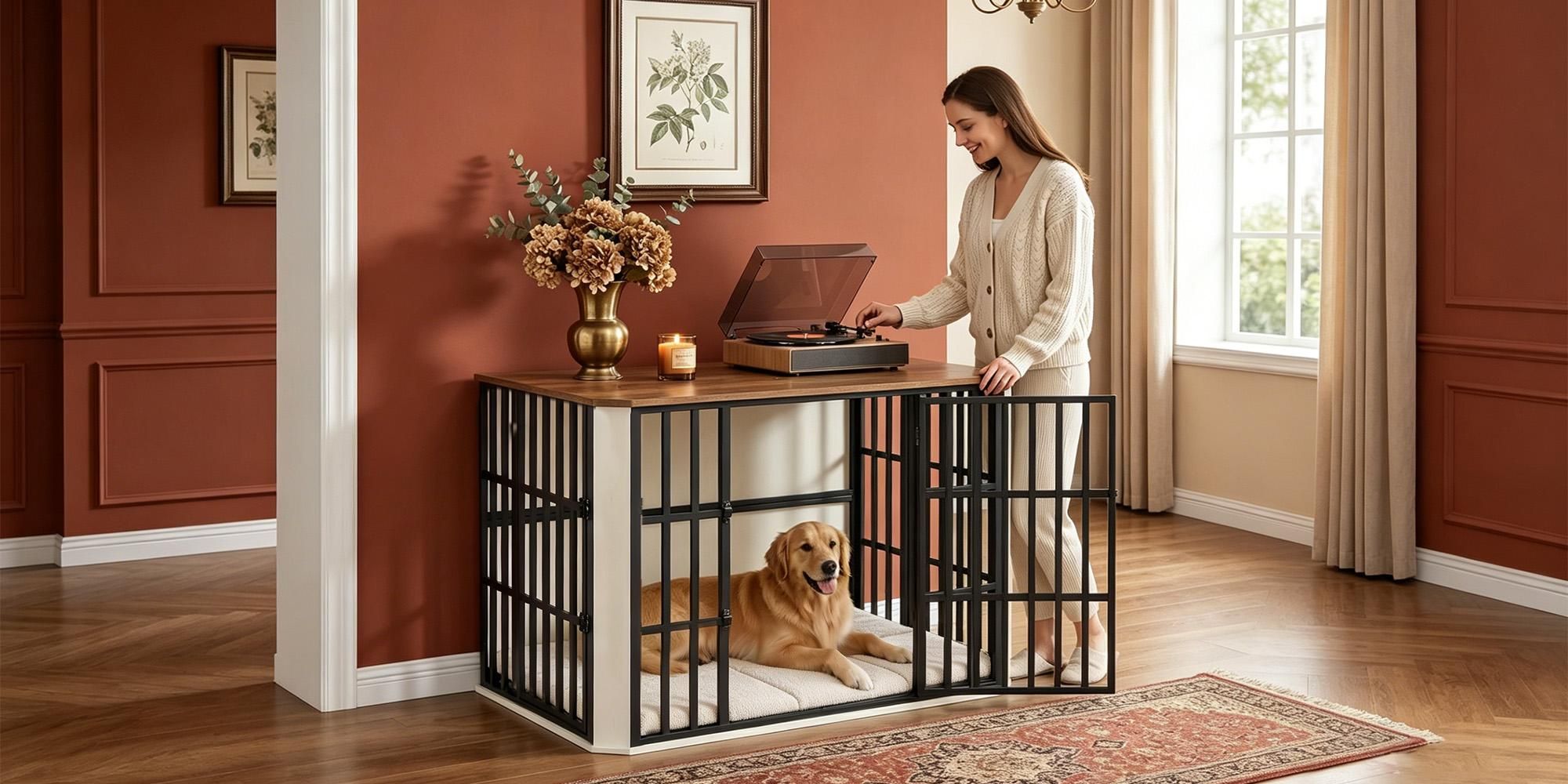 Hundekäfig Möbel, Hundebox Möbel, Mehrtür-Design, Weiß Braun | Hundebox aus Holz für den Innenbereich mit Futtertür Oben