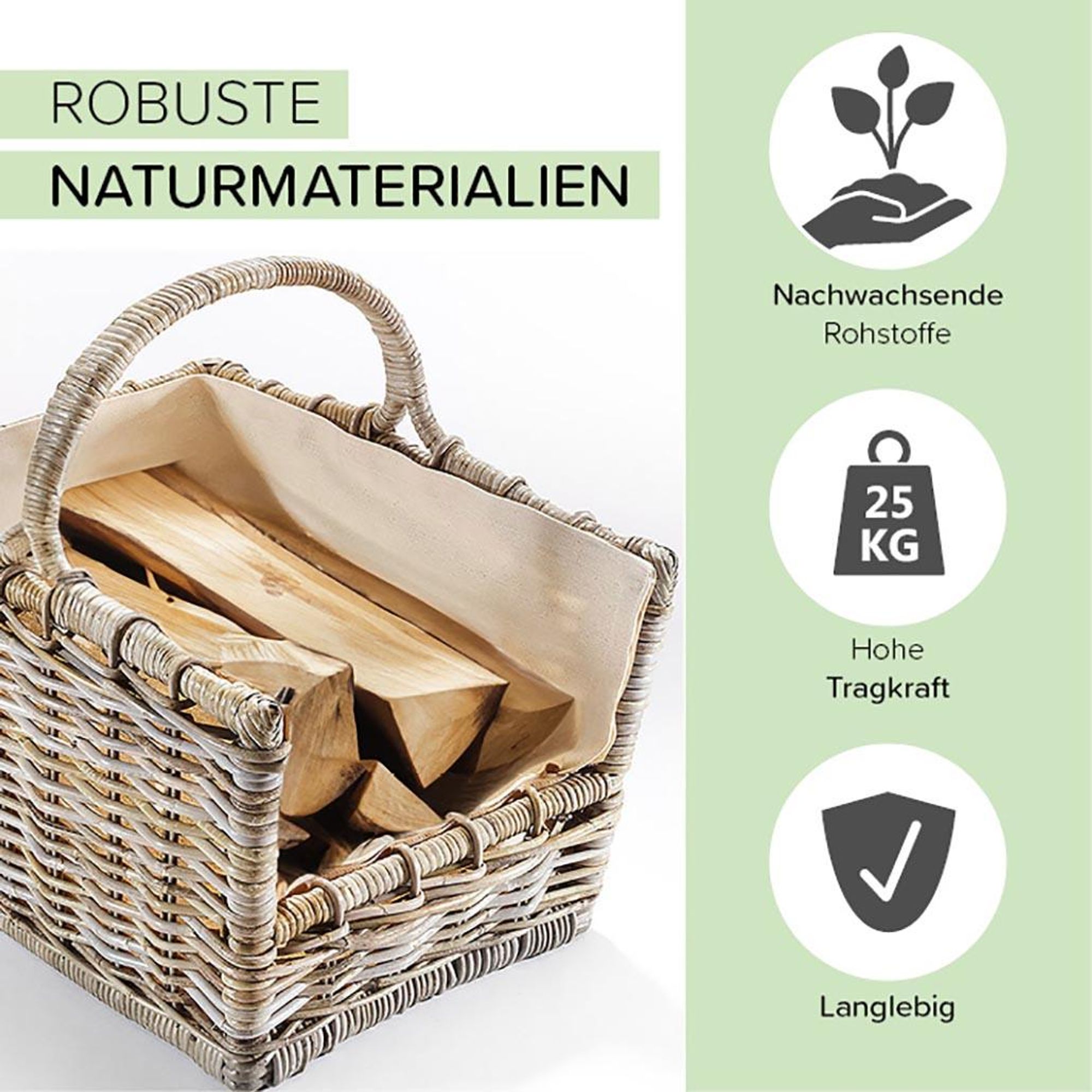 Kobolo Kaminholzkorb Holztrage Holzkorb für Kaminholz Rattan grau mit abnehmbarem Leinenstoff Holzkörbe Holztrage Körbe Feuerholzkorb Brennholzkorb